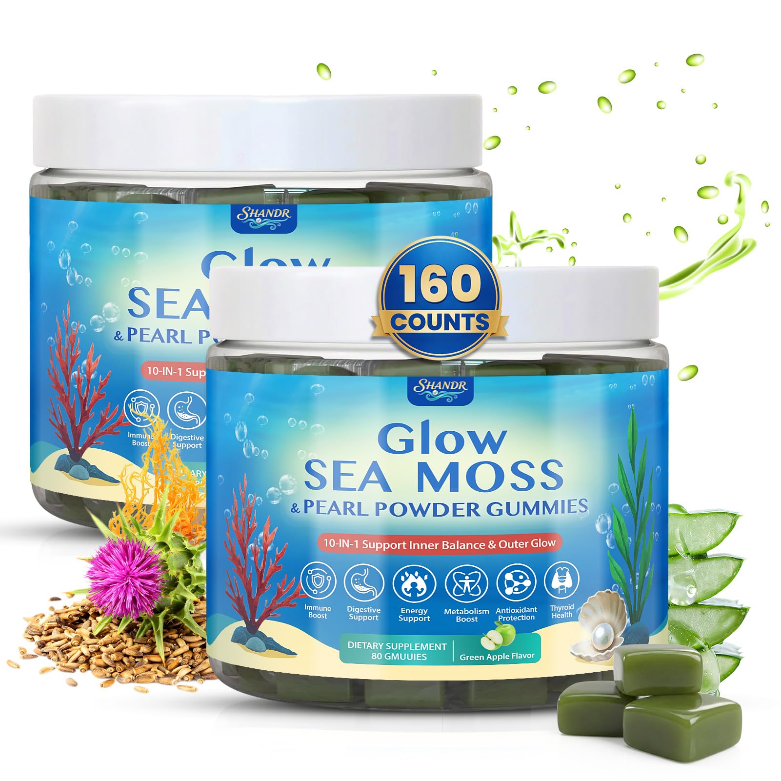 SHANDR frente del envase Sea Moss Glow Gummies mostrando presentación y cantidad