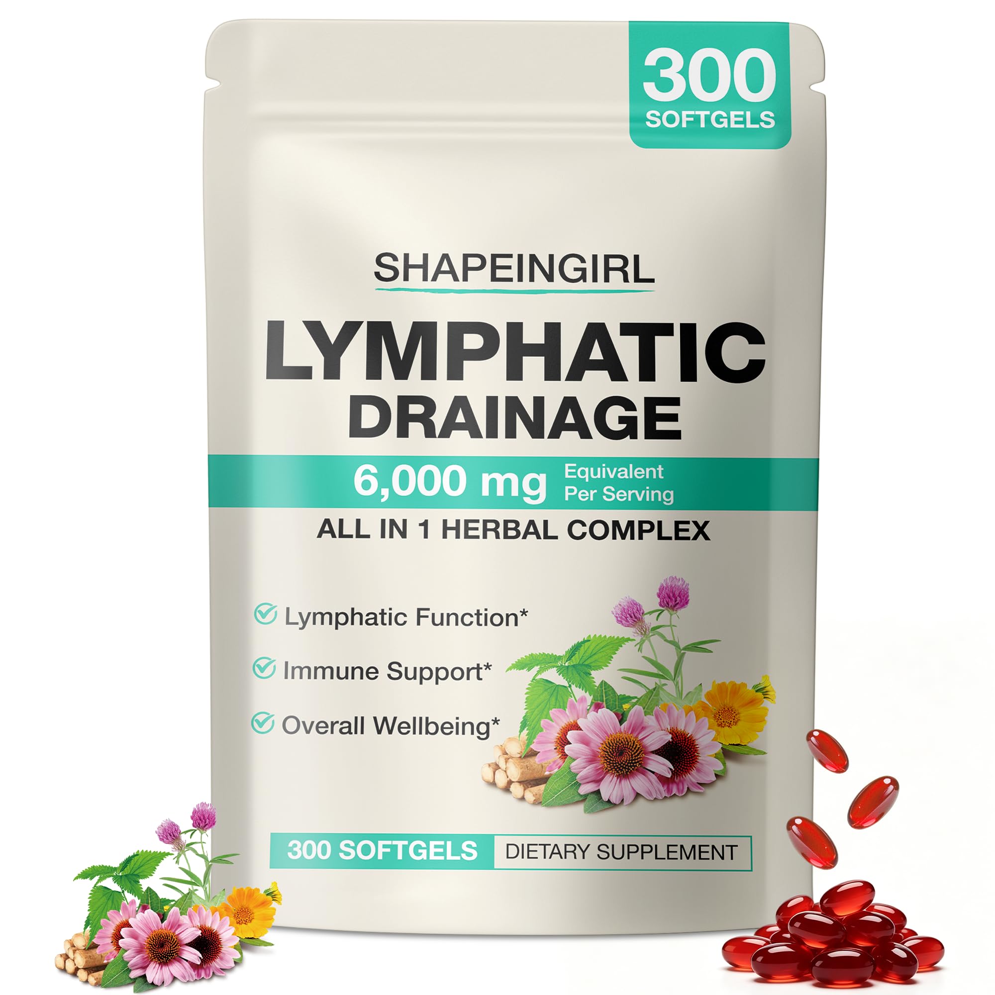 SHAPEINGIRL vista frontal del envase que muestra 300 softgels y duración de 100 días