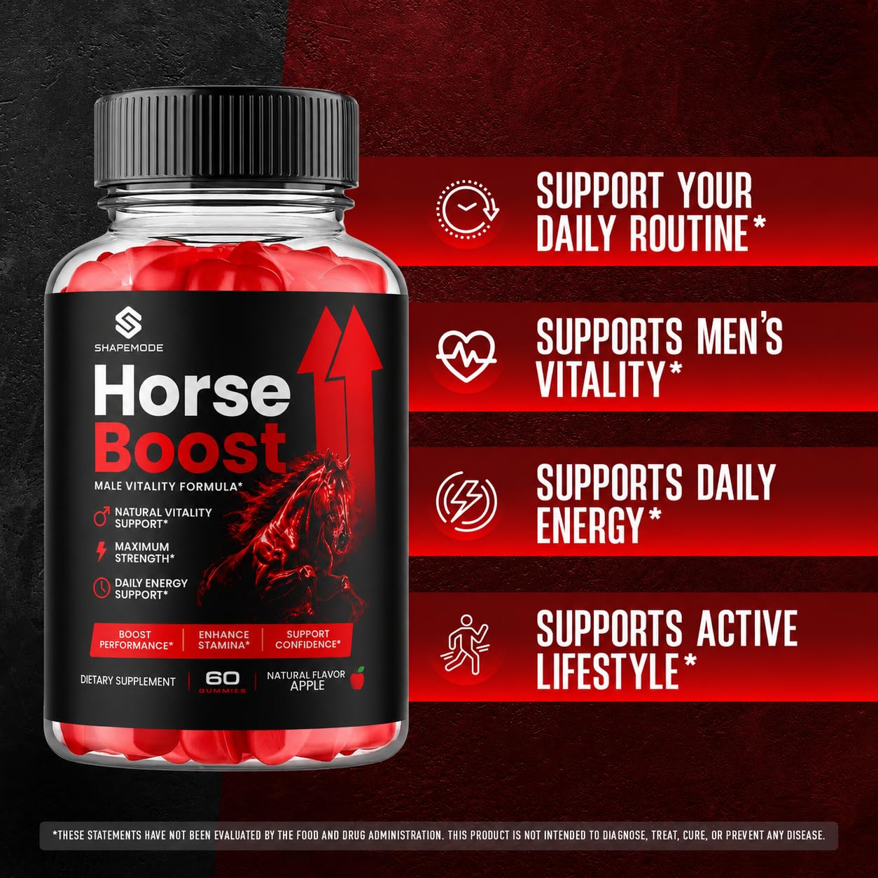 SHAPEMODE mano sosteniendo Horse Boost Gummies demostrando facilidad de uso