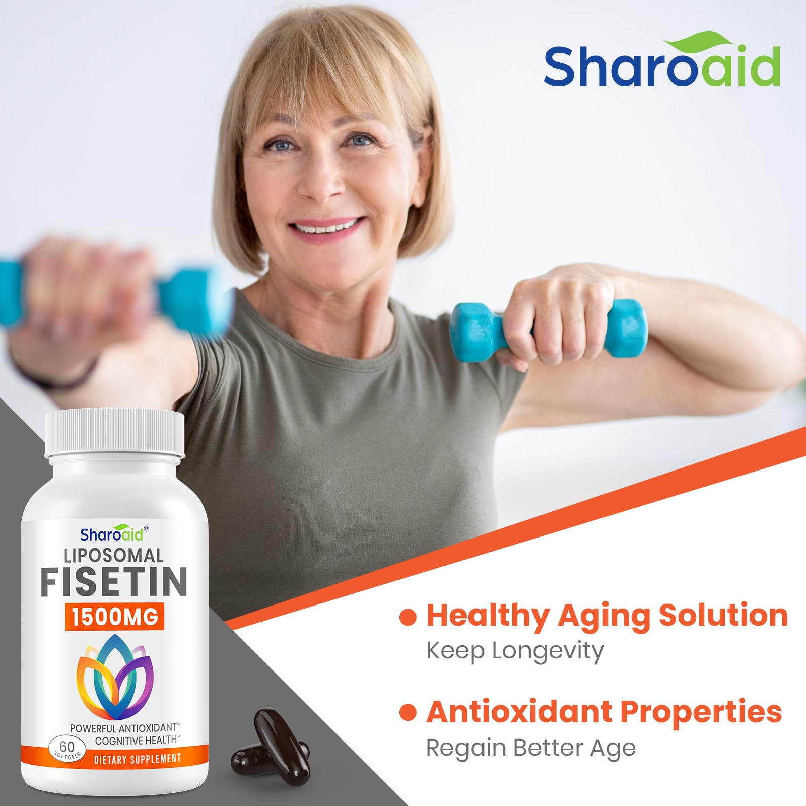 Sharoaid botella abierta con softgels dispersas, ilustra contenido y dosificación diaria