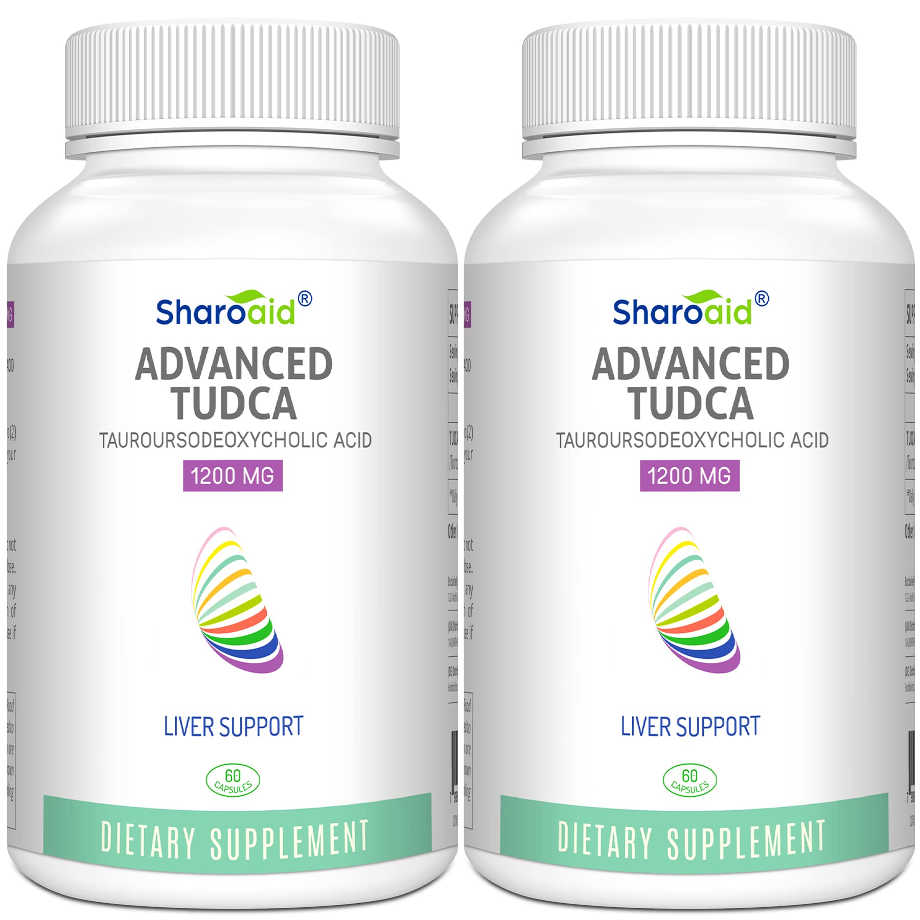 Sharoaid frasco frontal TUDCA mostrando etiqueta y dosis, confianza de marca