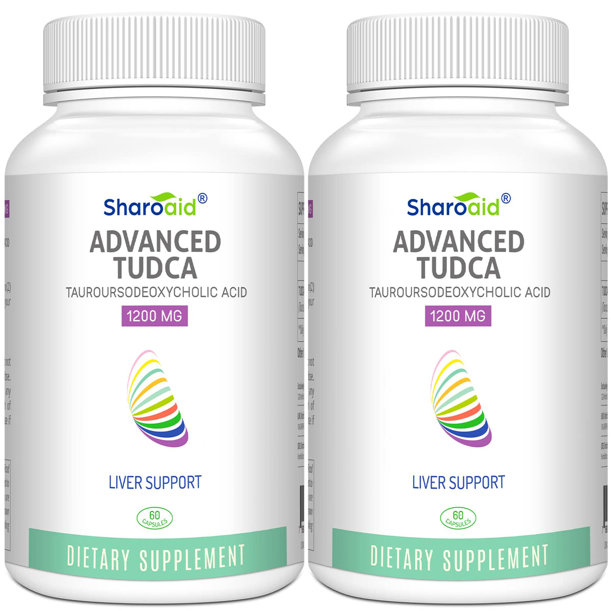 Sharoaid frasco frontal TUDCA mostrando etiqueta y dosis, confianza de marca