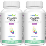 Sharoaid frasco frontal TUDCA mostrando etiqueta y dosis, confianza de marca
