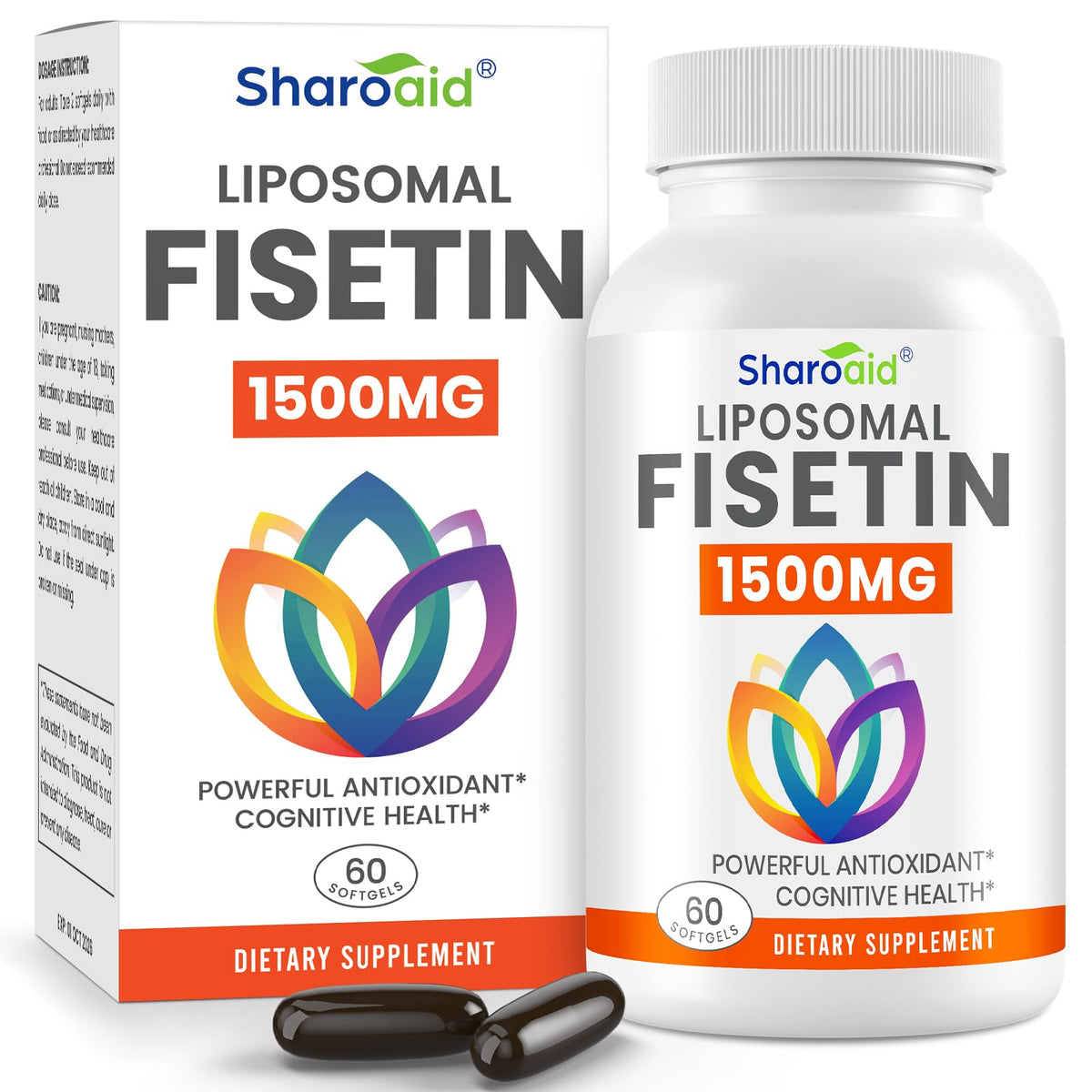 Sharoaid frasco frontal mostrando 1500 mg y 60 softgels, destaca potencia