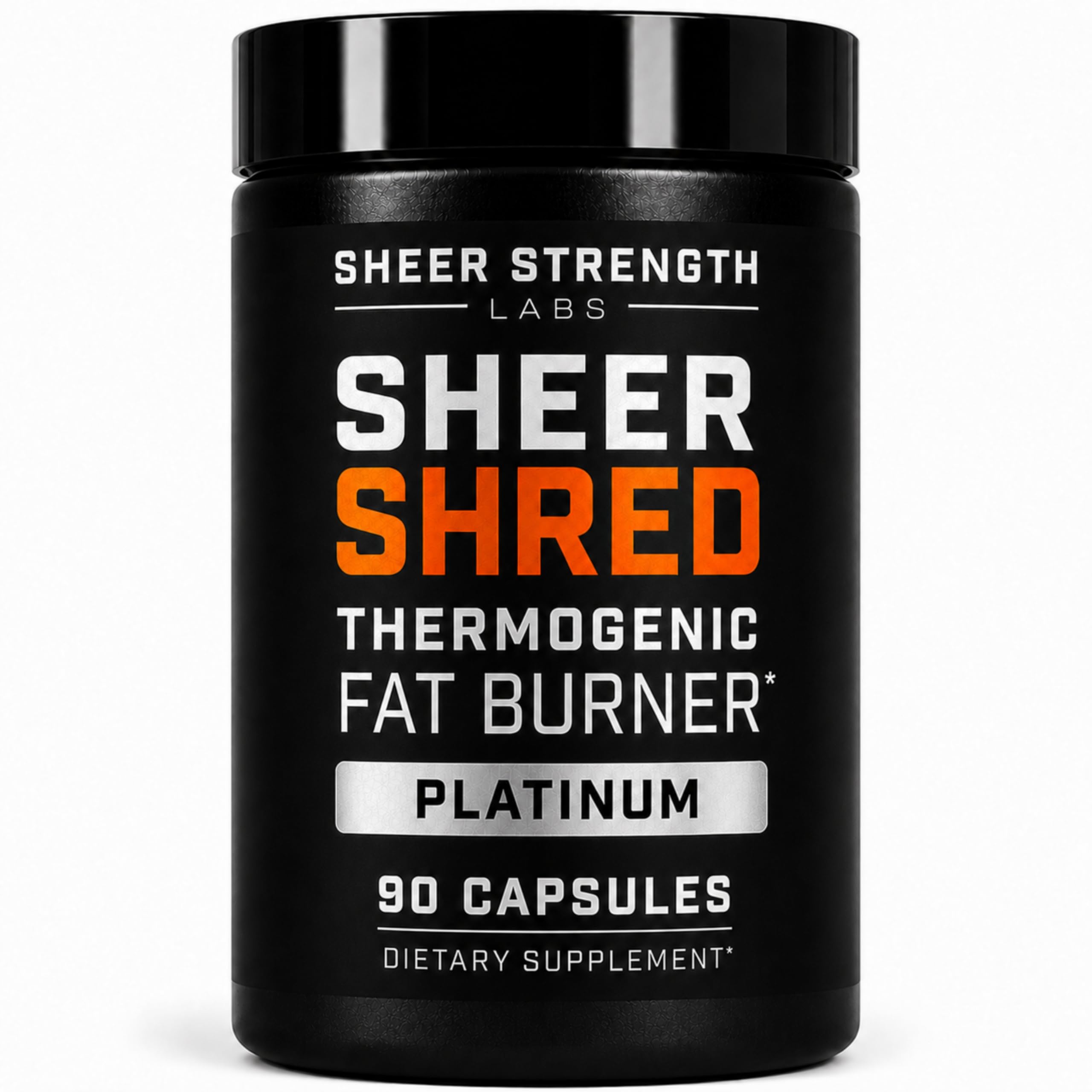 Sheer Strength Labs botella frontal mostrando envase y promesas de energía