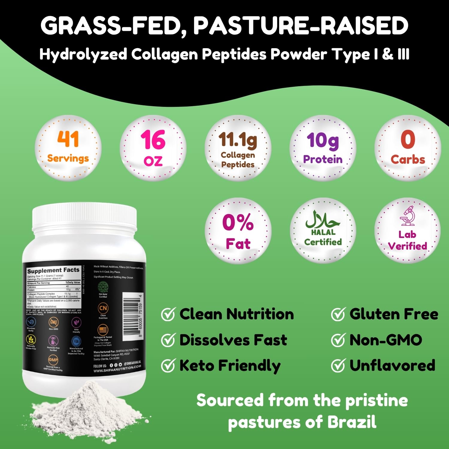 SHIFAA NUTRITION detalle de etiqueta resaltando ingredientes y pureza