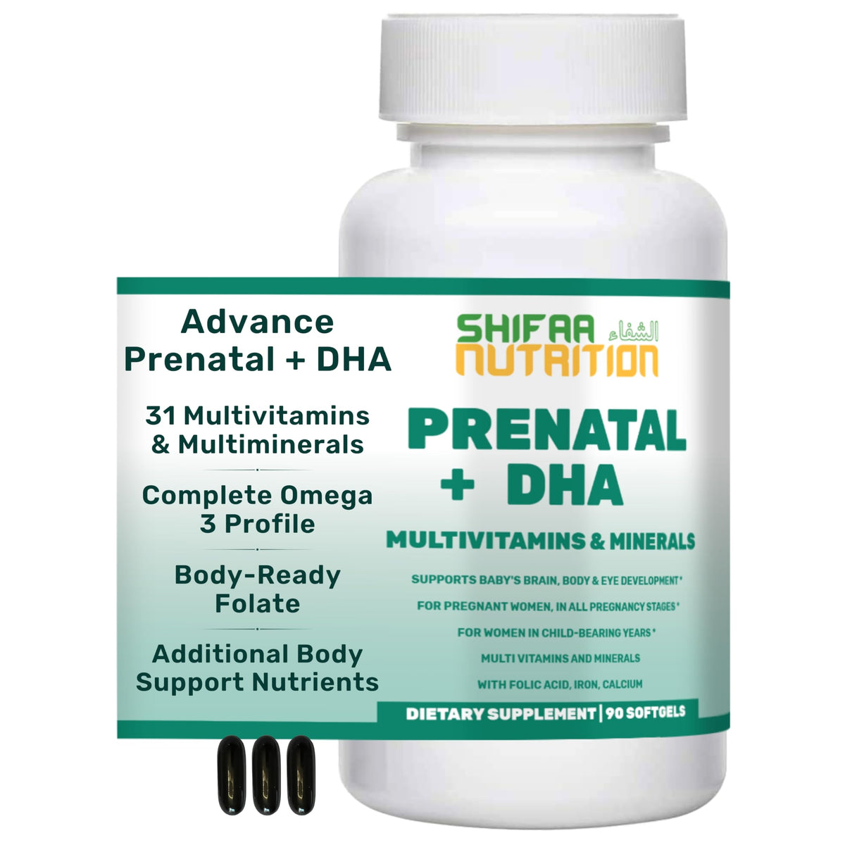 SHIFAA NUTRITION envase frontal mostrando 90 softgels y beneficios
