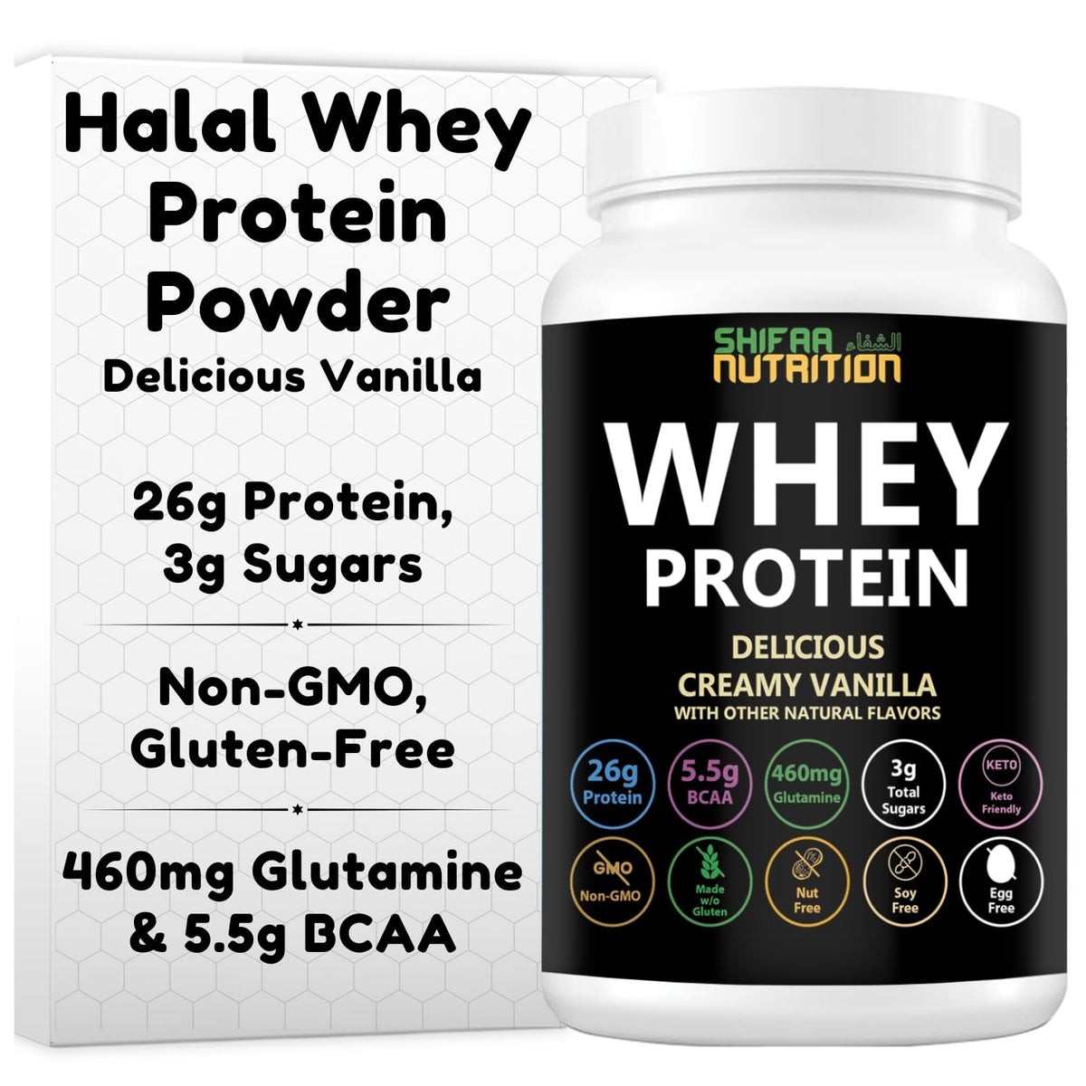 SHIFAA NUTRITION envase frontal mostrando sabor vainilla y beneficios