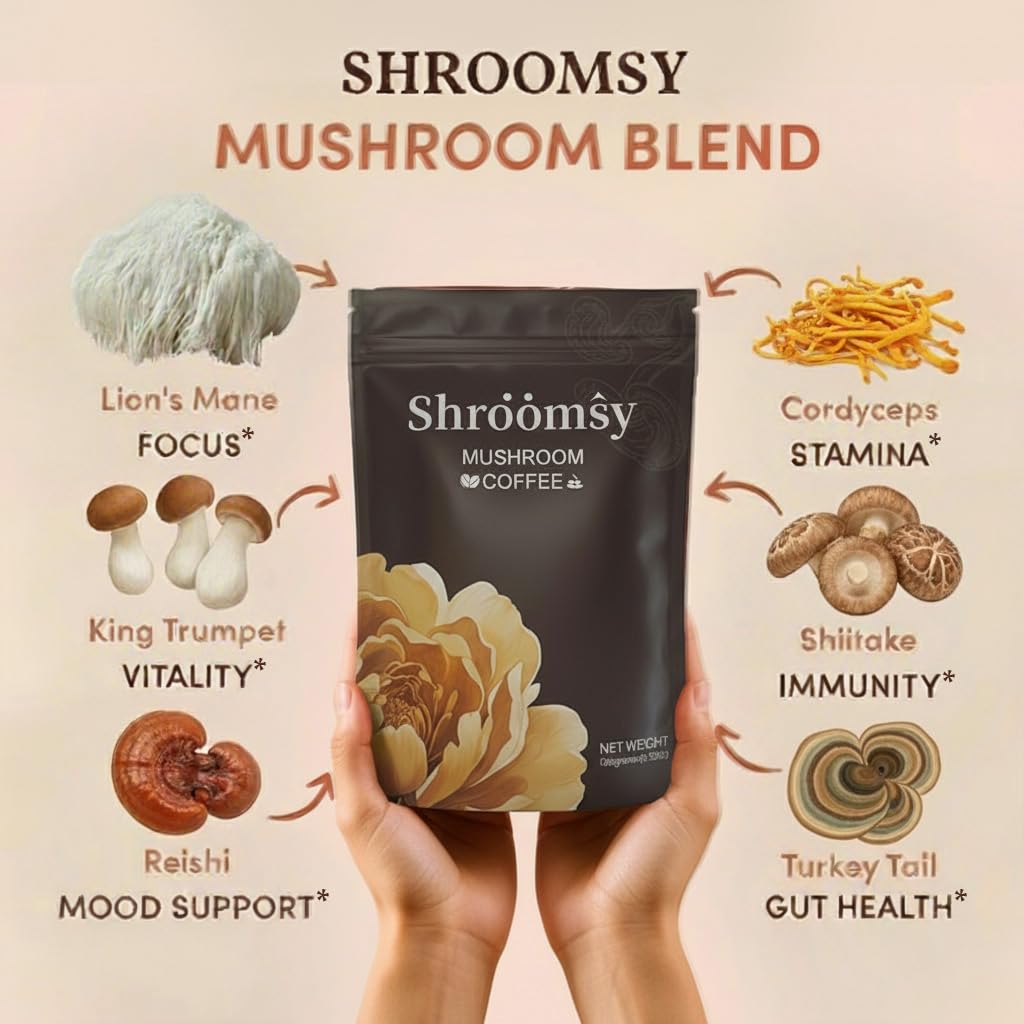 Shroomsy en taza lista para beber con crema y aspecto apetecible