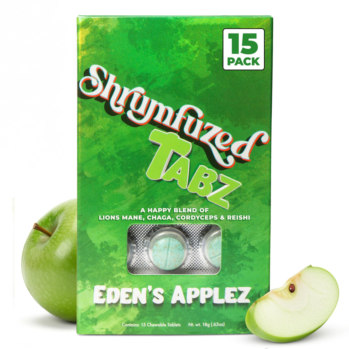 Shrumfuzed empaque frontal con etiqueta nuevo sabor Eden's Applez y mejor experiencia