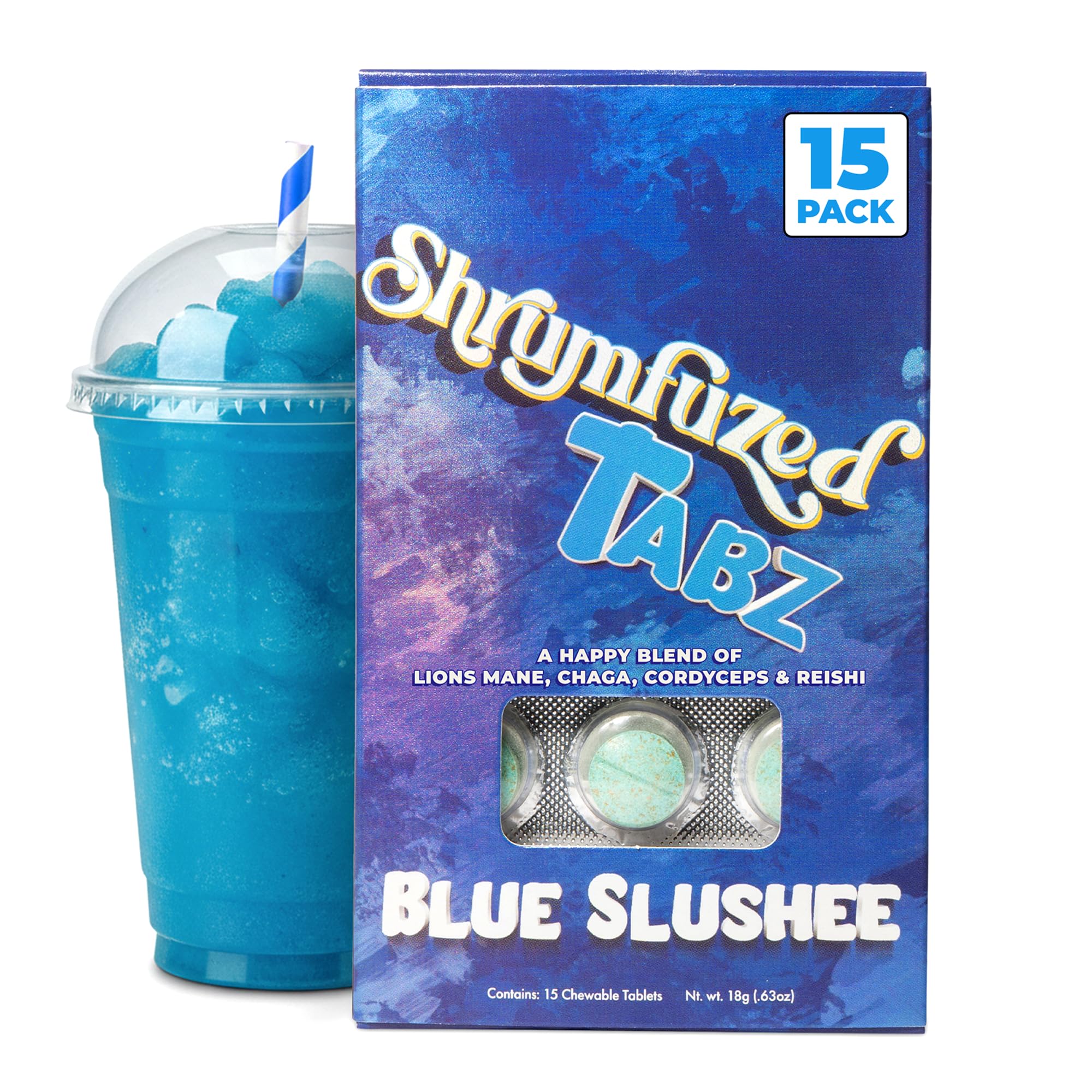 Shrumfuzed envase frontal Blue Slushee mostrando seguridad y conveniencia