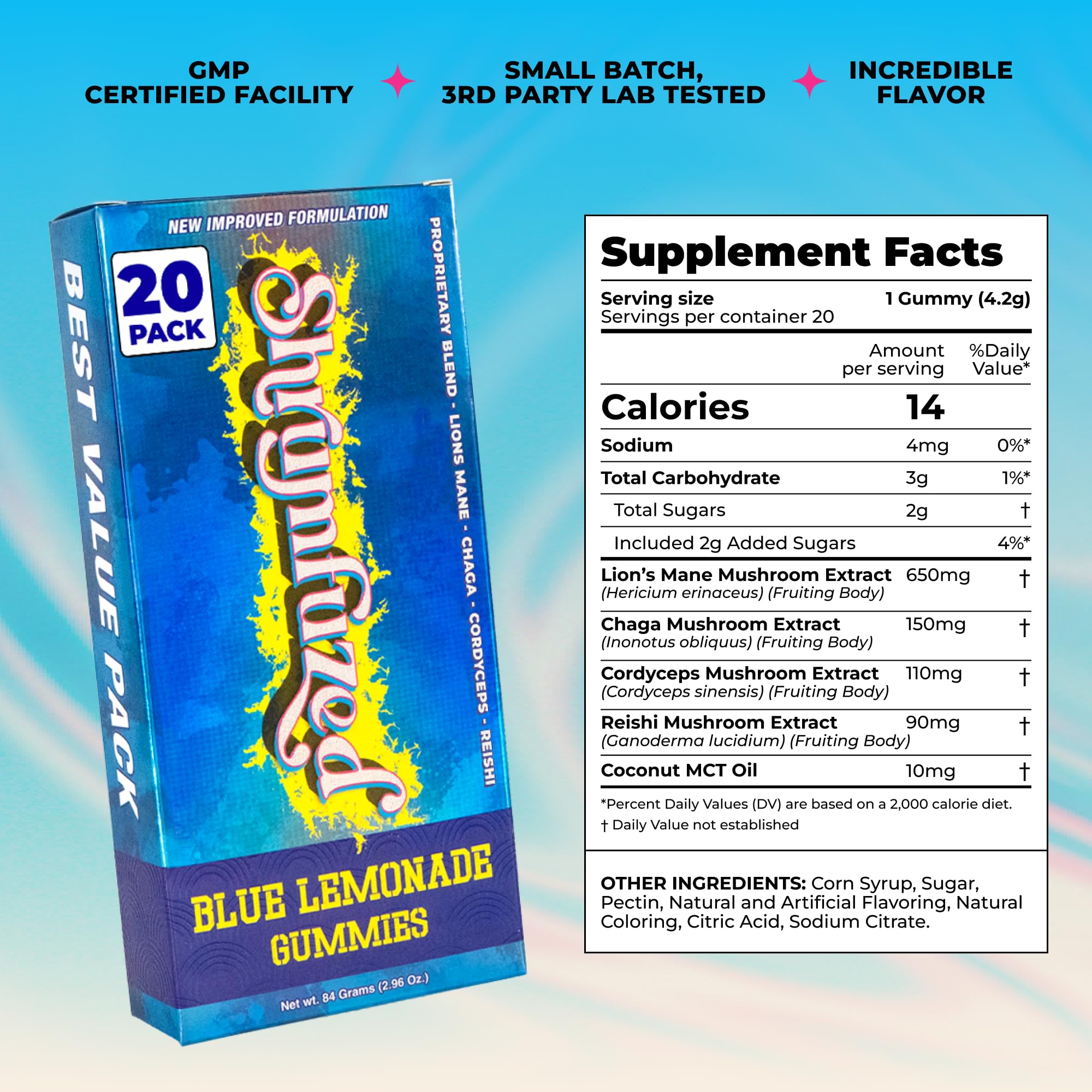 Shrumfuzed etiqueta con lista de hongos Lion's Mane Reishi Cordyceps Chaga
