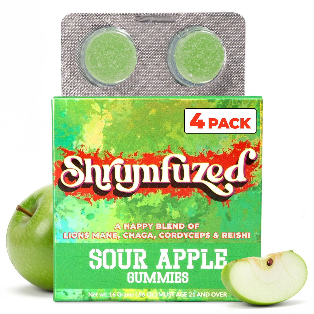 Shrumfuzed frente del envase mostrando marca y sabor manzana ácida, beneficio de conveniencia
