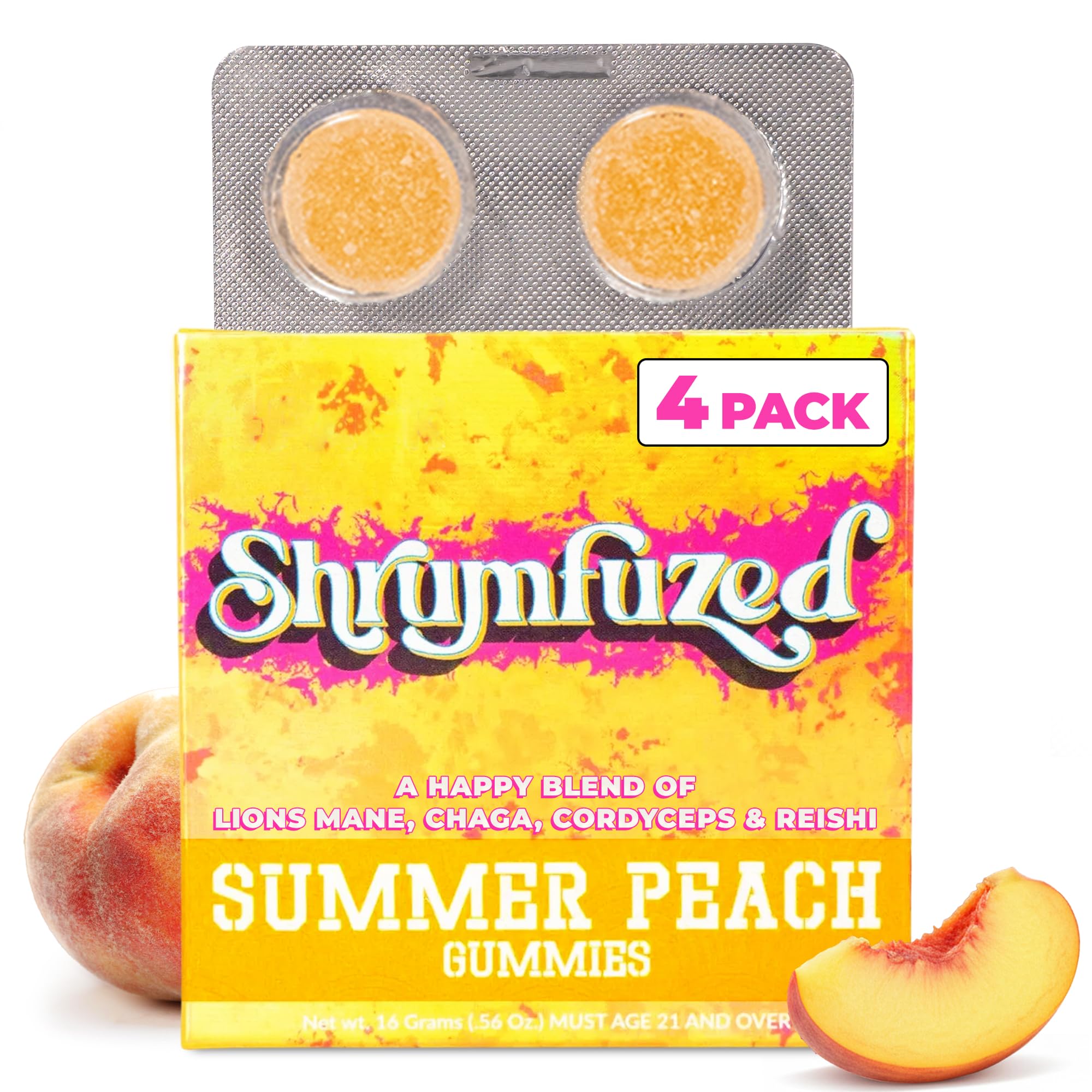 Shrumfuzed envase frontal mostrando sabor durazno y beneficios claros