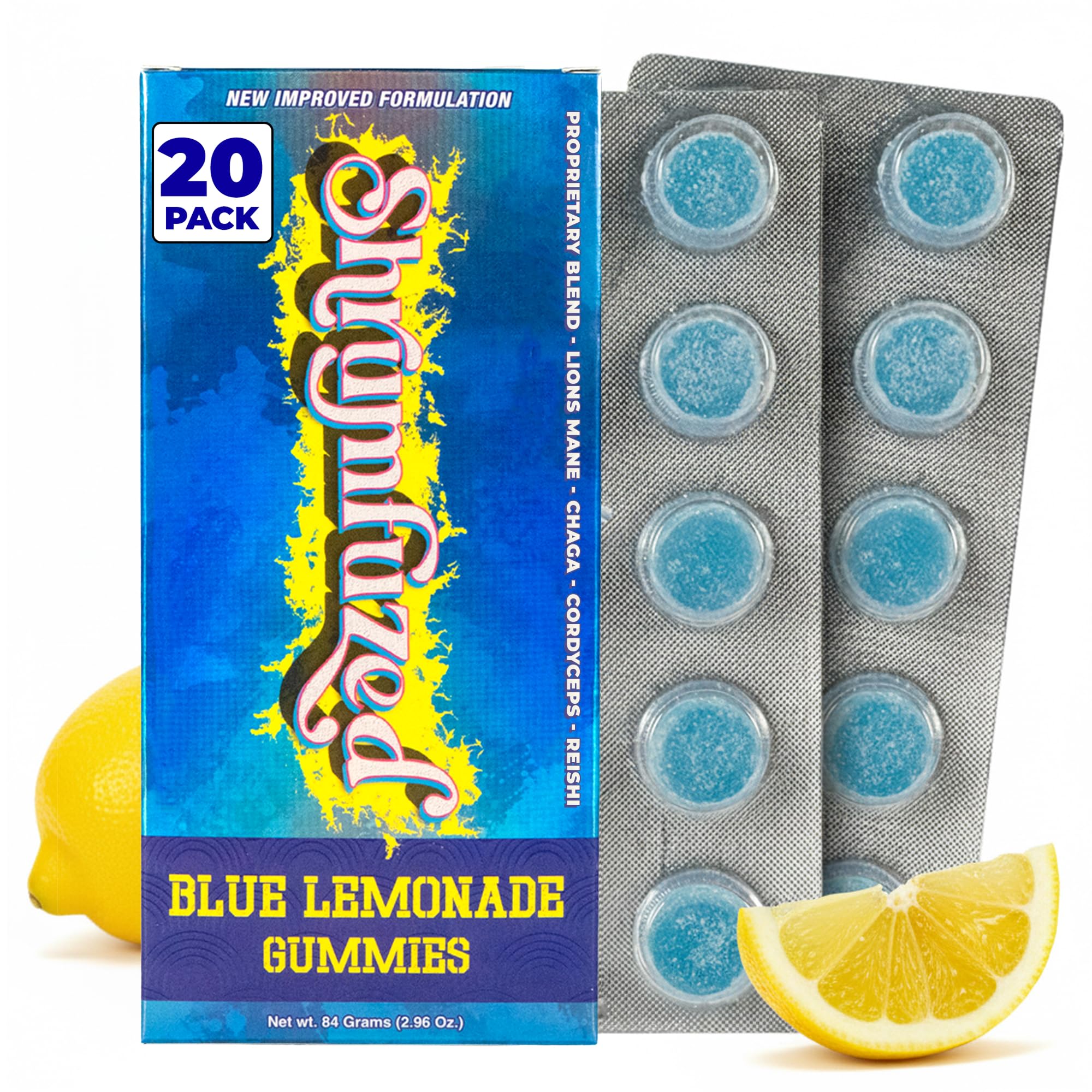 Shrumfuzed envase frontal blue lemonade mostrando 20 gomitas y sello de seguridad