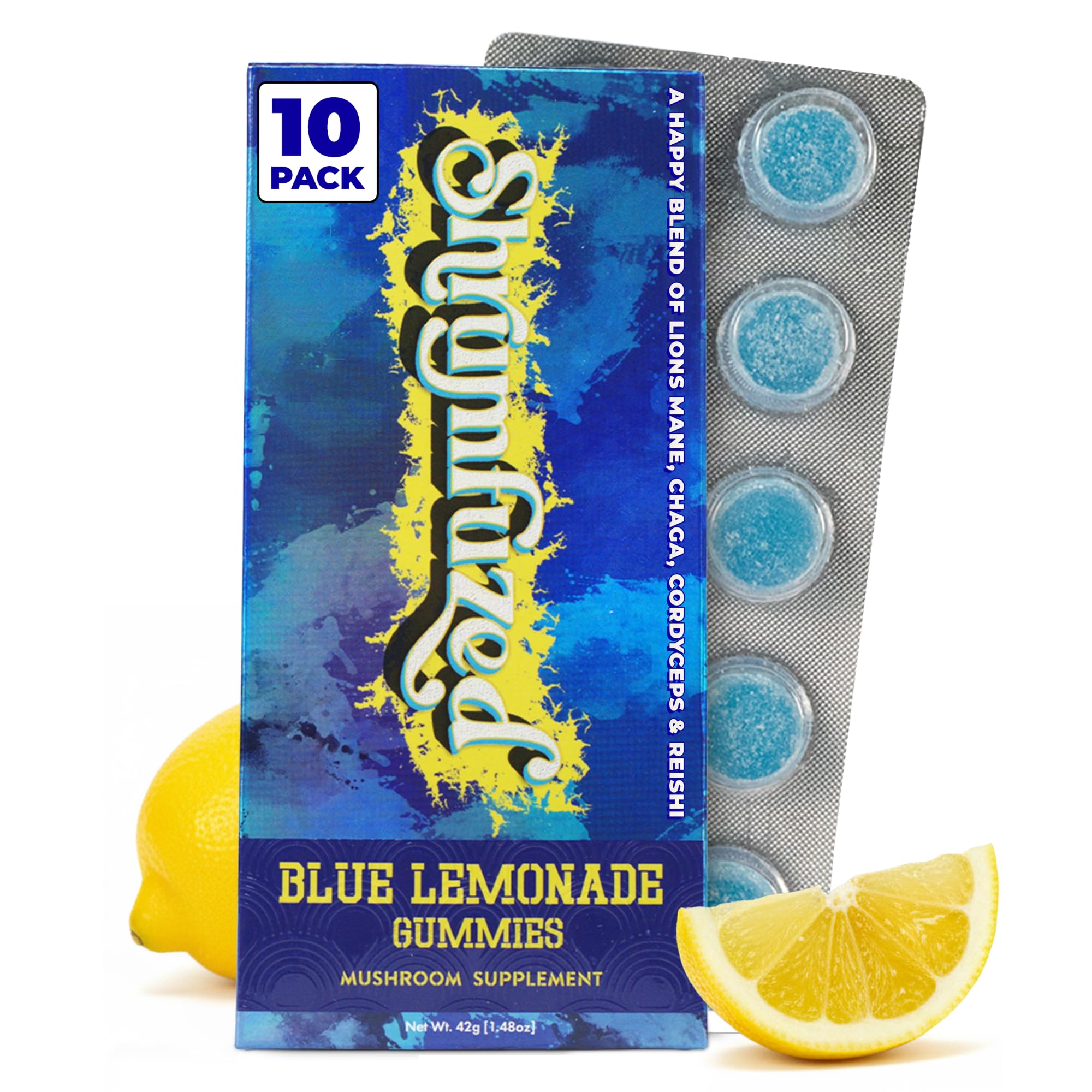 Shrumfuzed empaque frontal Blue Lemonade que muestra cierre seguro y etiqueta clara