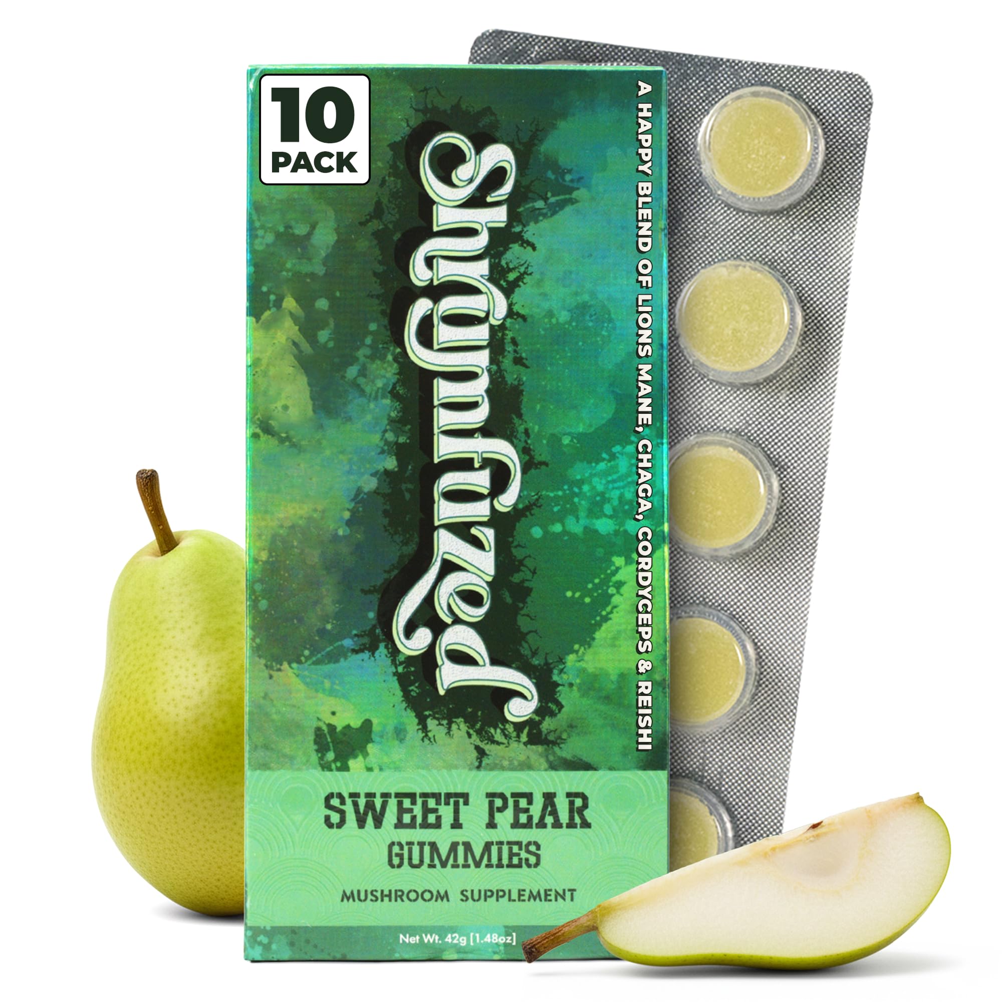 Shrumfuzed empaque frontal Sweet Pear mostrando 10 gomitas y beneficio práctico