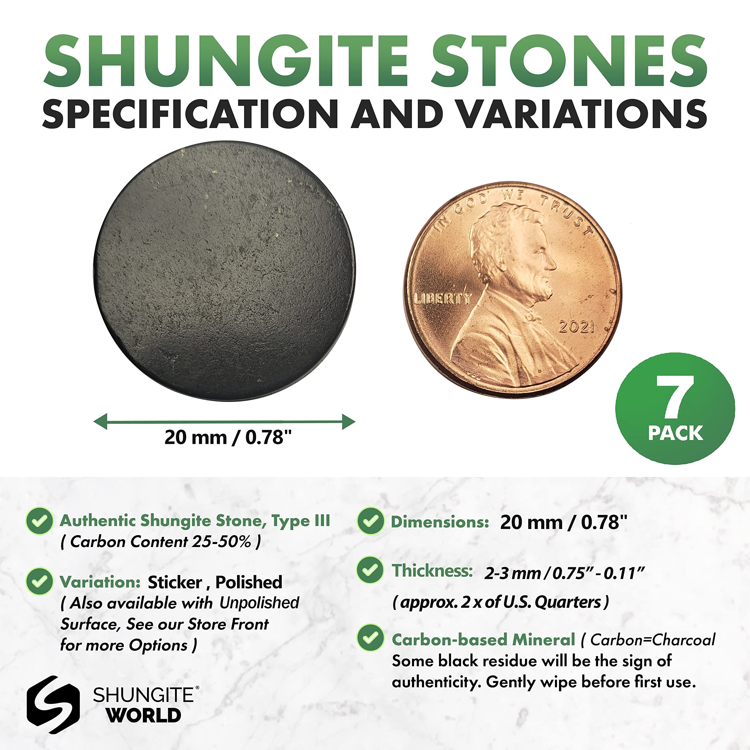Shungite World primer plano de textura pulida señalando autenticidad