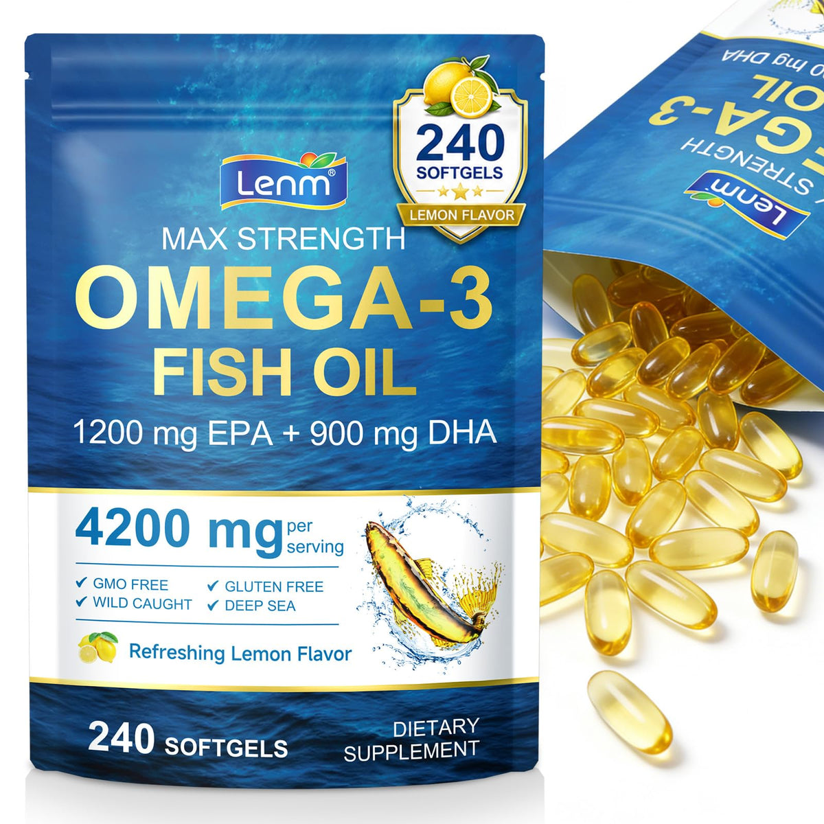 shwdppmy envase frontal de Omega-3 con sabor limón, presentación de 240 softgels