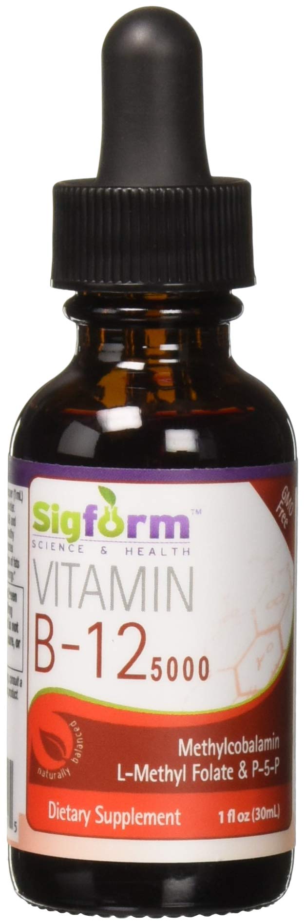 SIGFORM frasco frontal del suplemento B12 5000 mcg, presentación clara y compacta