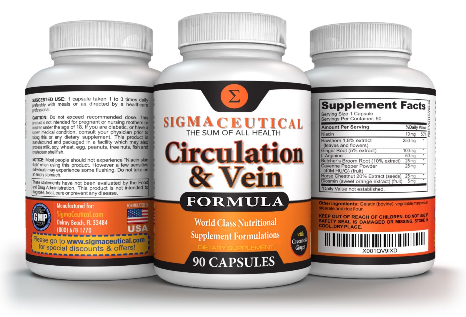 Sigmaceutical etiqueta información con tabla de ingredientes y garantía GMP