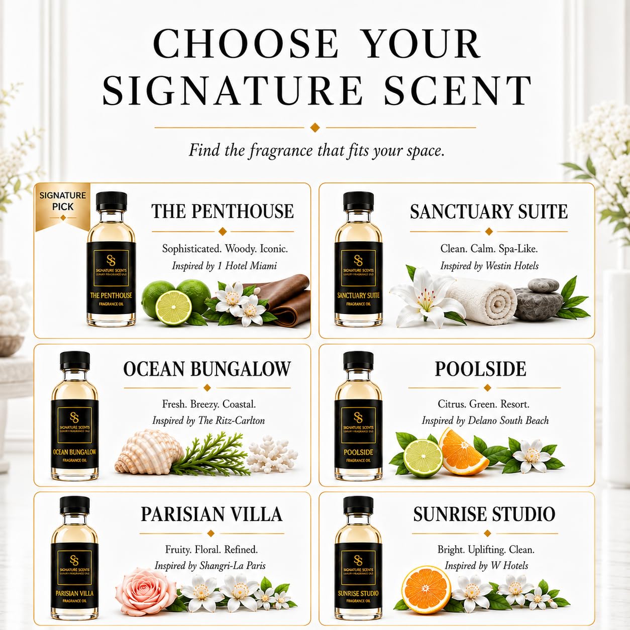 Signature Scents difusor en uso en lobby demostrando aroma constante y agradable