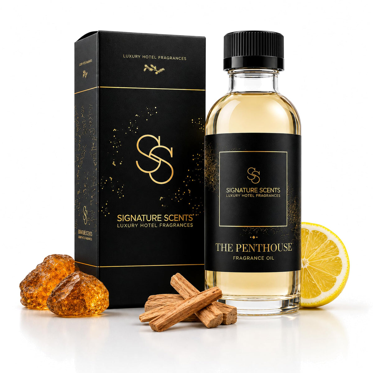 Signature Scents frasco frontal mostrando diseño premium y beneficio de presencia elegante