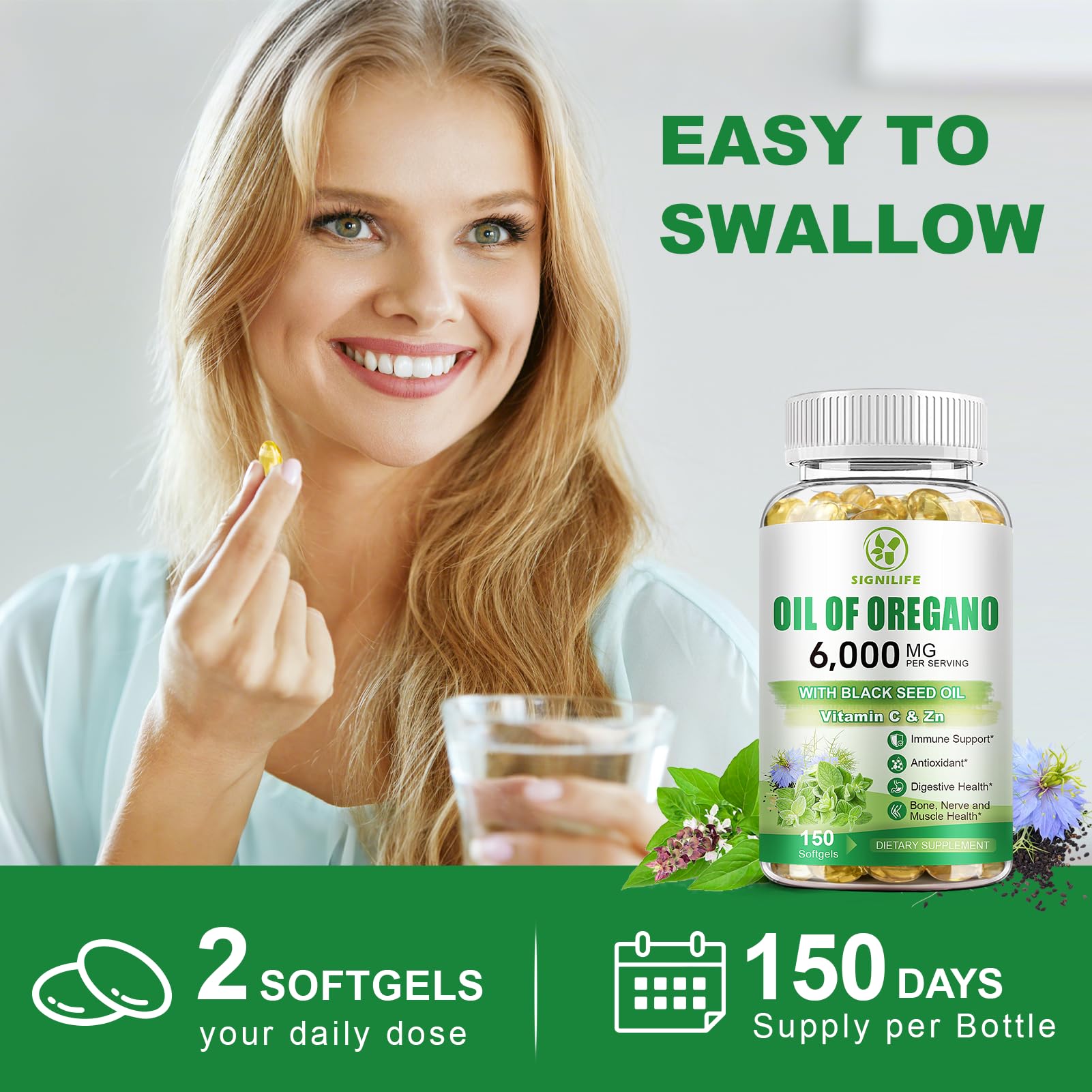 SIGNILIFE frasco en cocina con frutas y planta mostrando complemento saludable