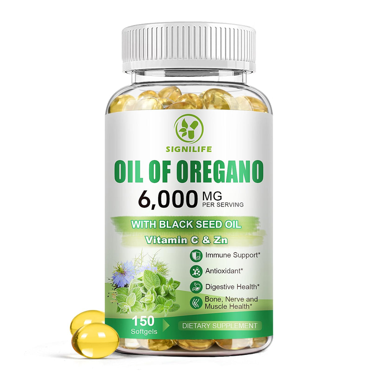 SIGNILIFE frasco frontal mostrando 150 softgels y diseño claro