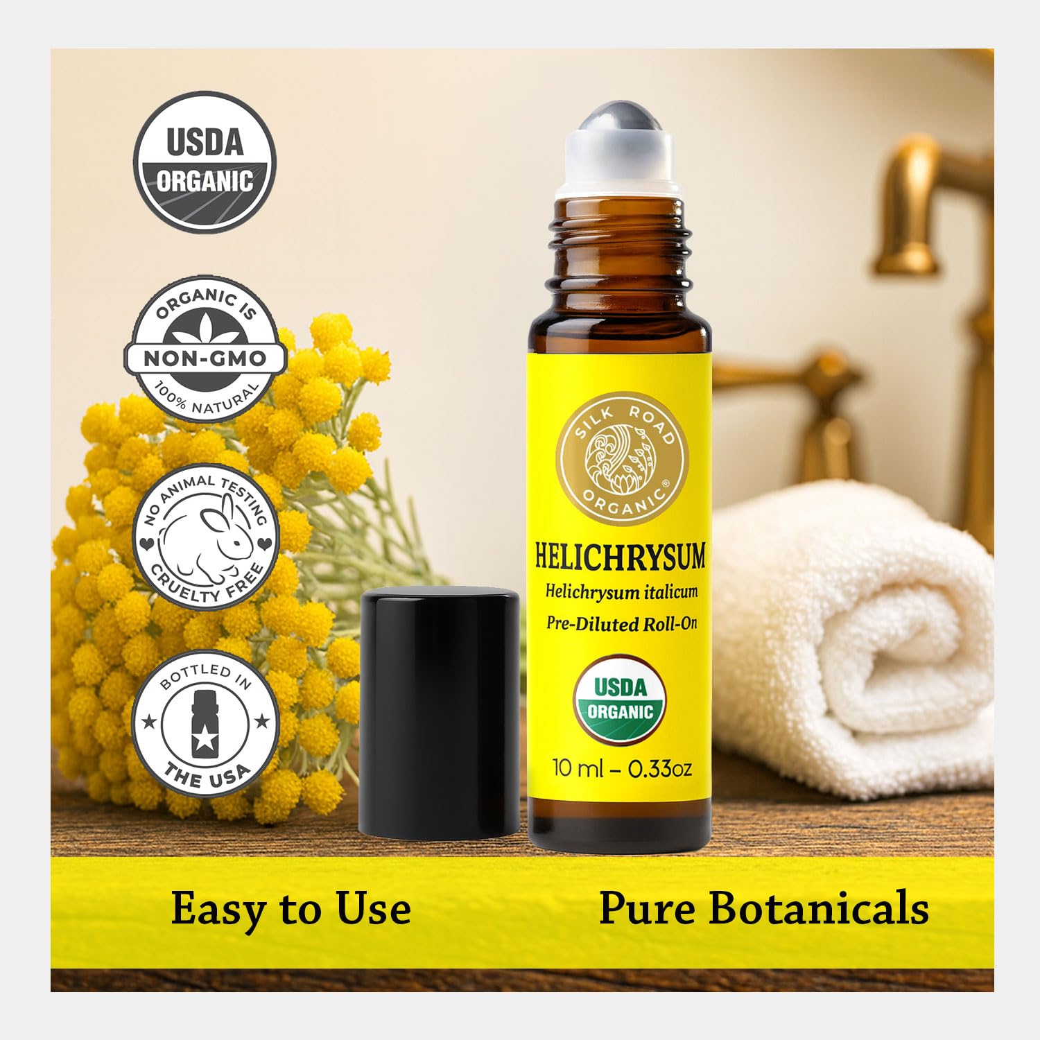 Silk Road Organic etiqueta certificada USDA visible en la botella