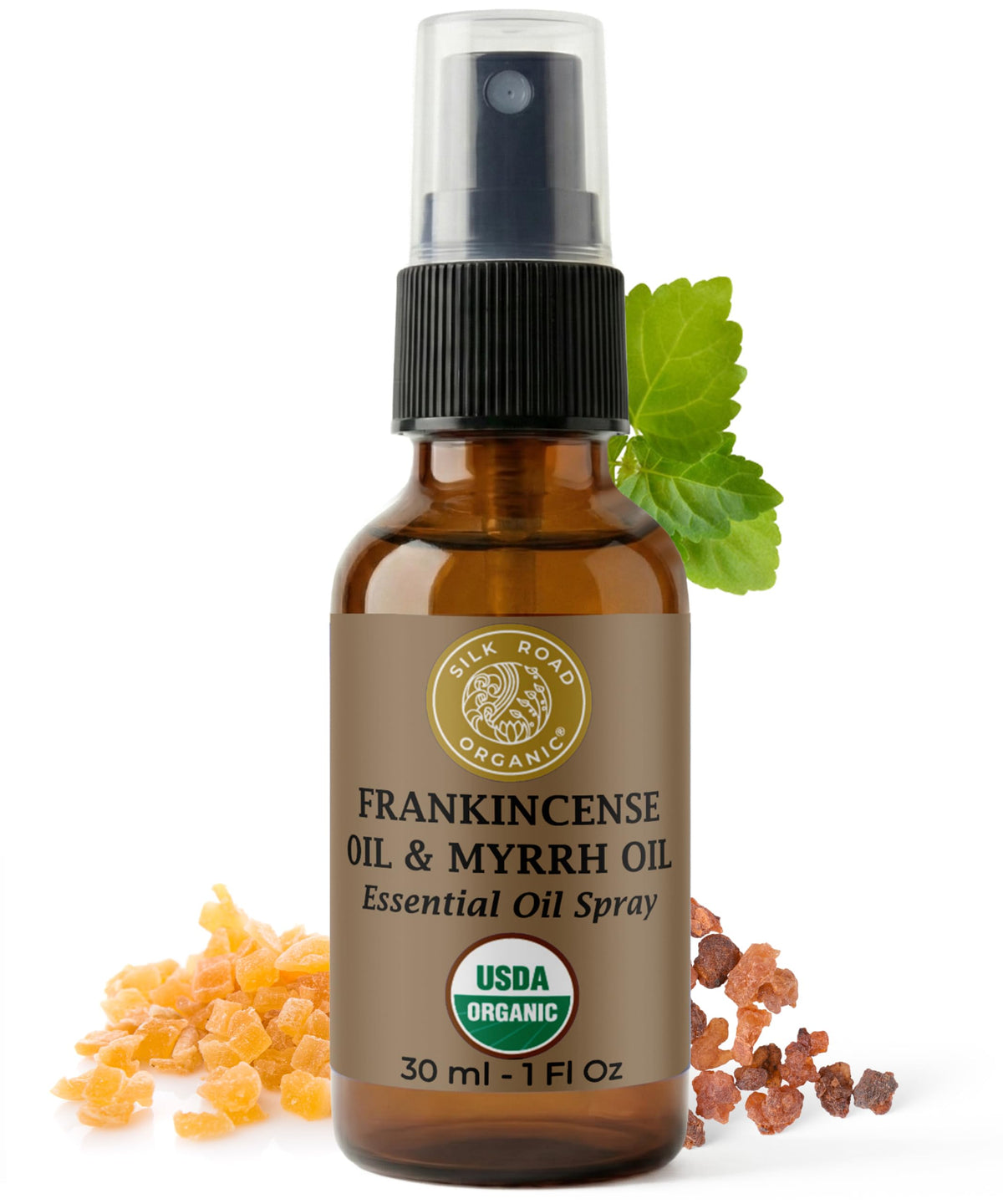 Silk Road Organic spray frontal mostrando etiqueta y beneficios orgánicos