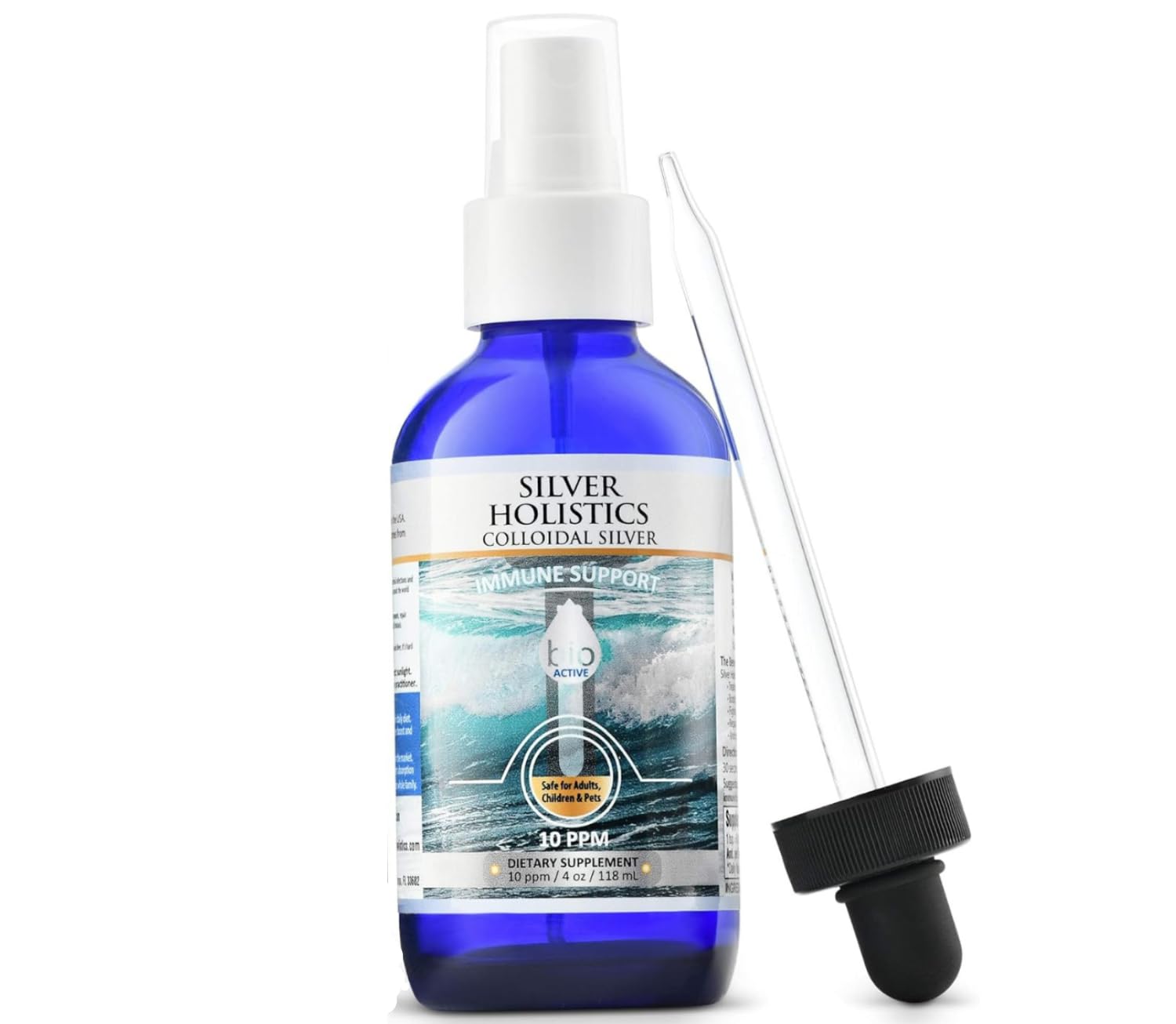 Silver Holistics botella de 16 oz con etiqueta clara, almacenamiento seguro