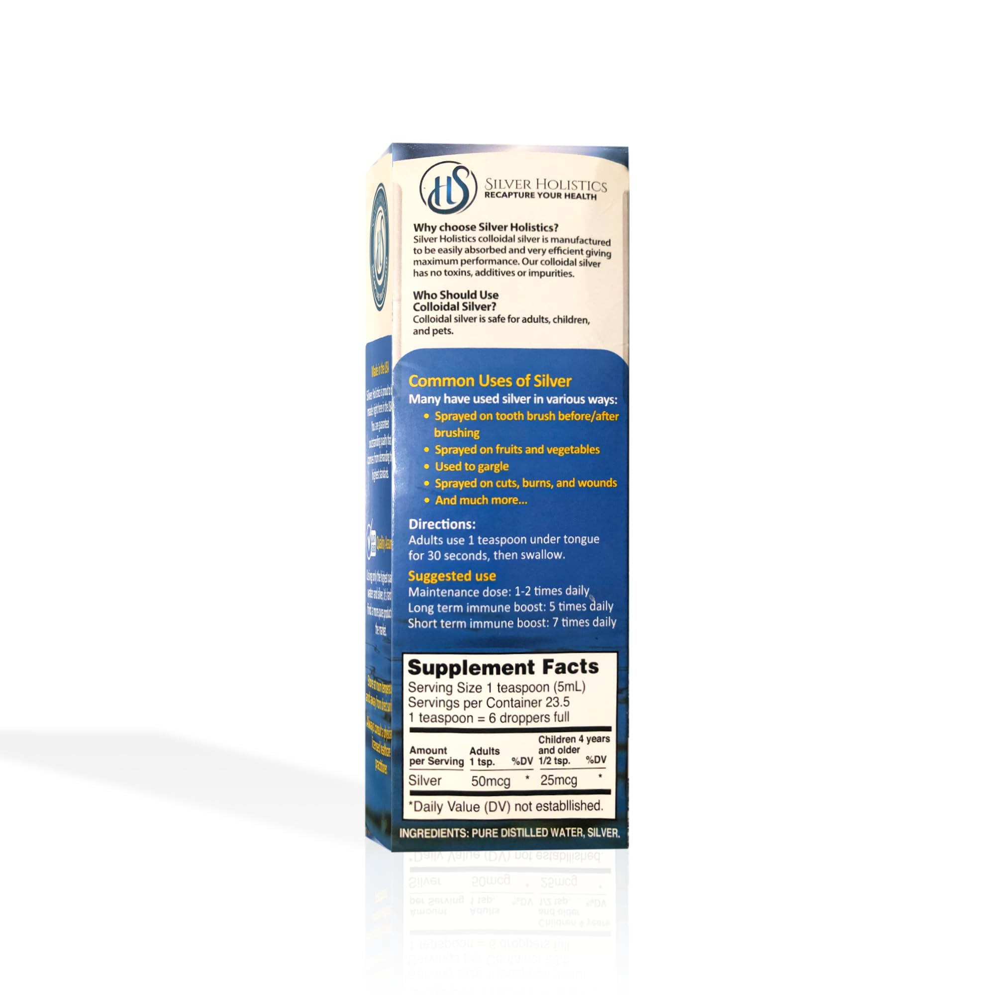 Silver Holistics caja abierta con spray, botella y gotero, pack completo