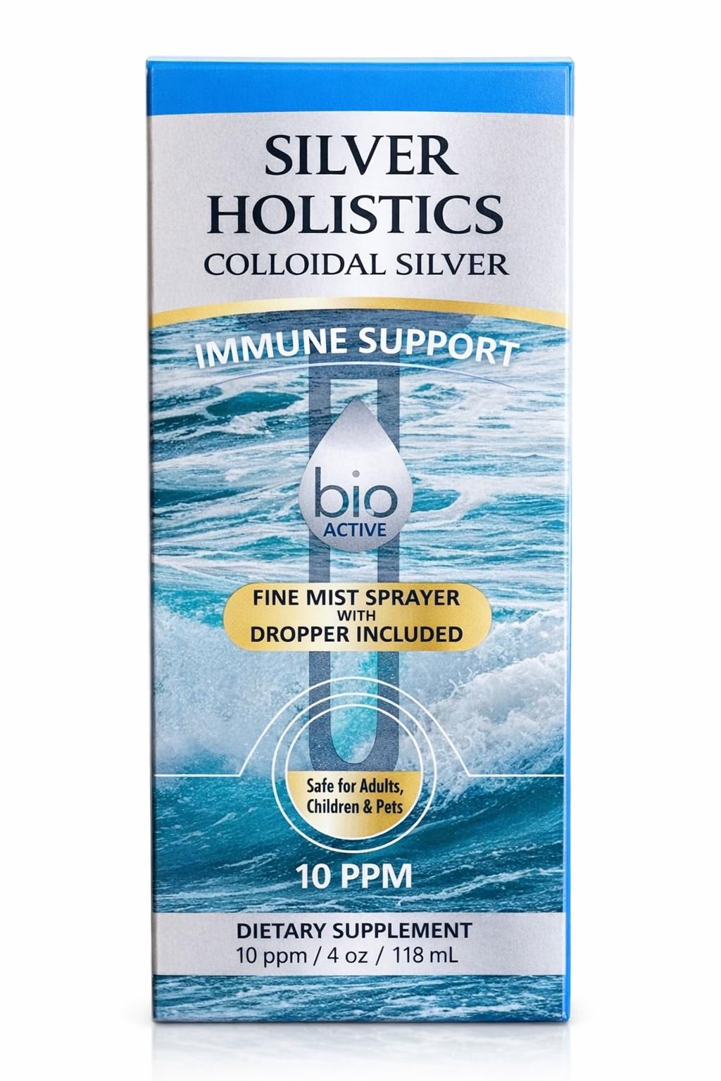 Silver Holistics comparación de tamaños 4 oz y 16 oz, muestra escala útil