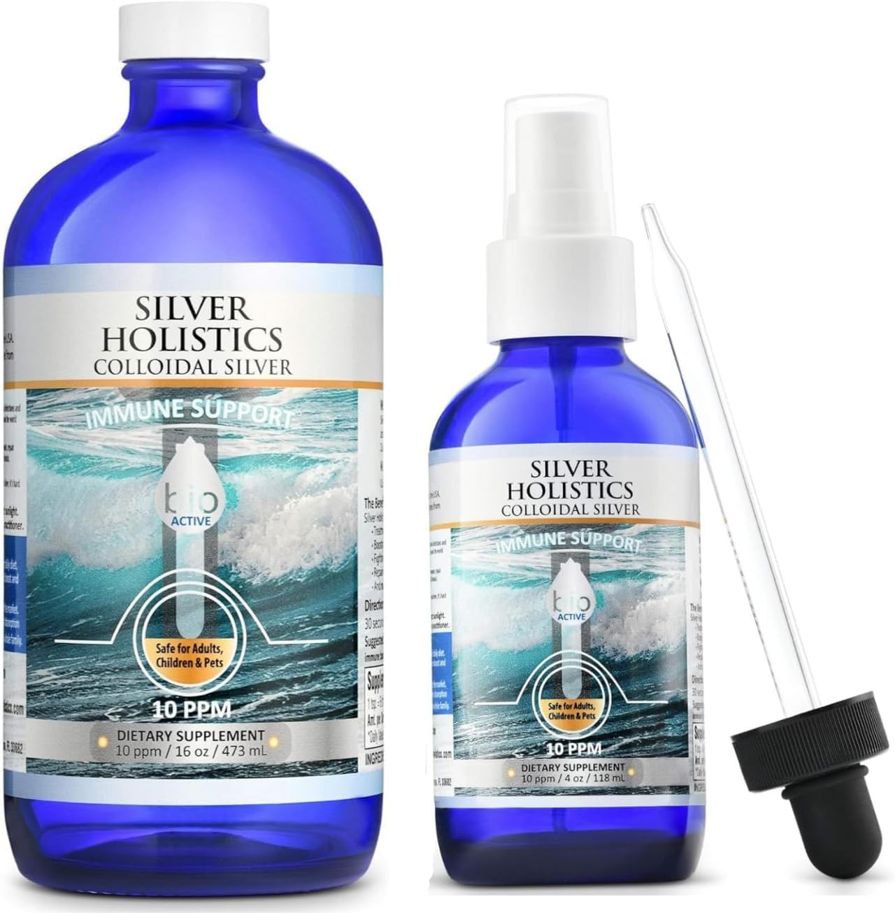 Silver Holistics frente del paquete con spray y botella, presentación práctica