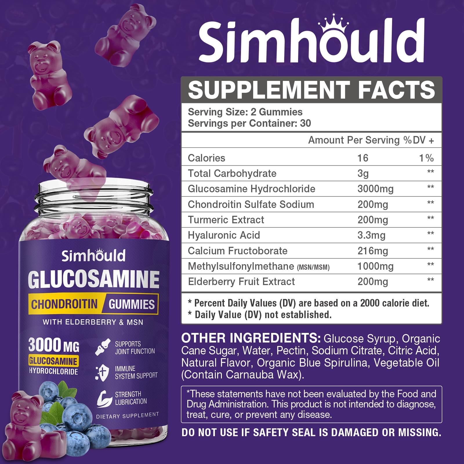 Simhould ingredientes clave visibles: glucosamina, MSM y saúco