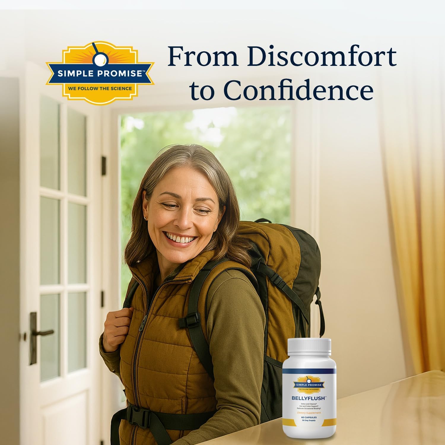 Simple Promise BellyFlush frasco en dormitorio creando ambiente relajado antes de dormir