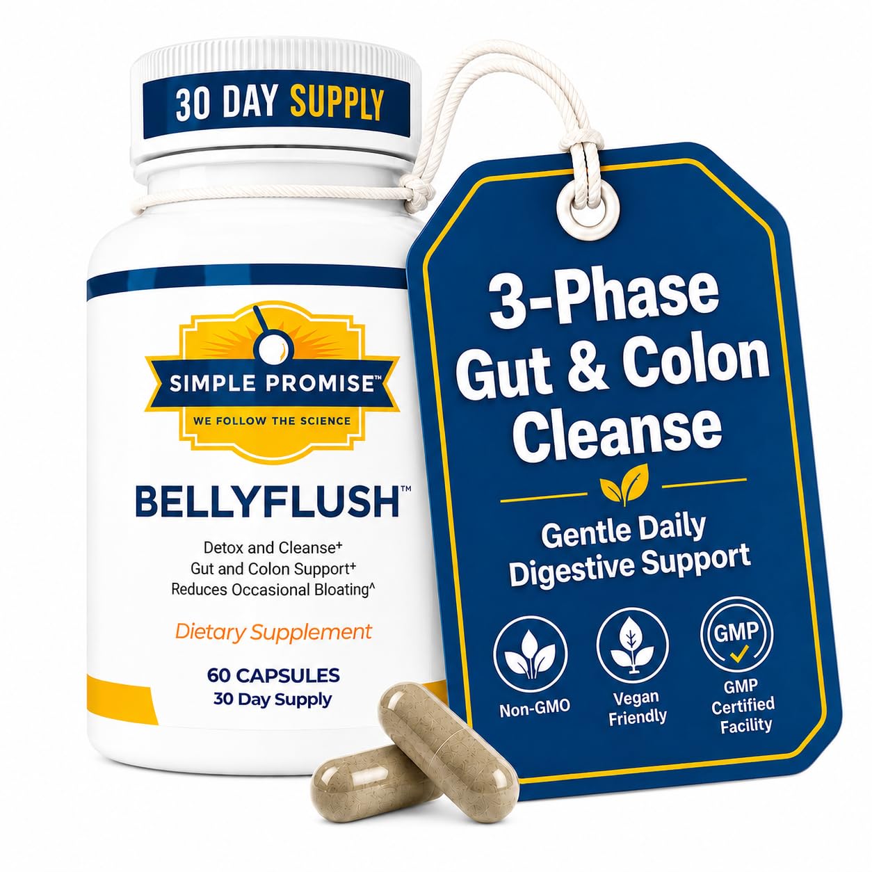 Simple Promise BellyFlush frente del empaque mostrando el diseño y beneficio digestivo