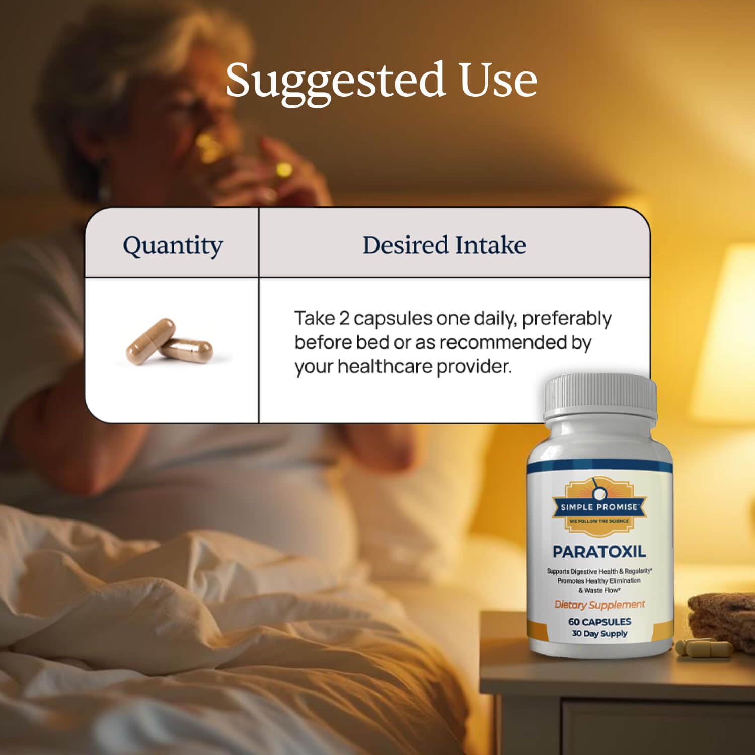 Simple Promise Paratoxil etiqueta con certificaciones cGMP y libre de gluten visible