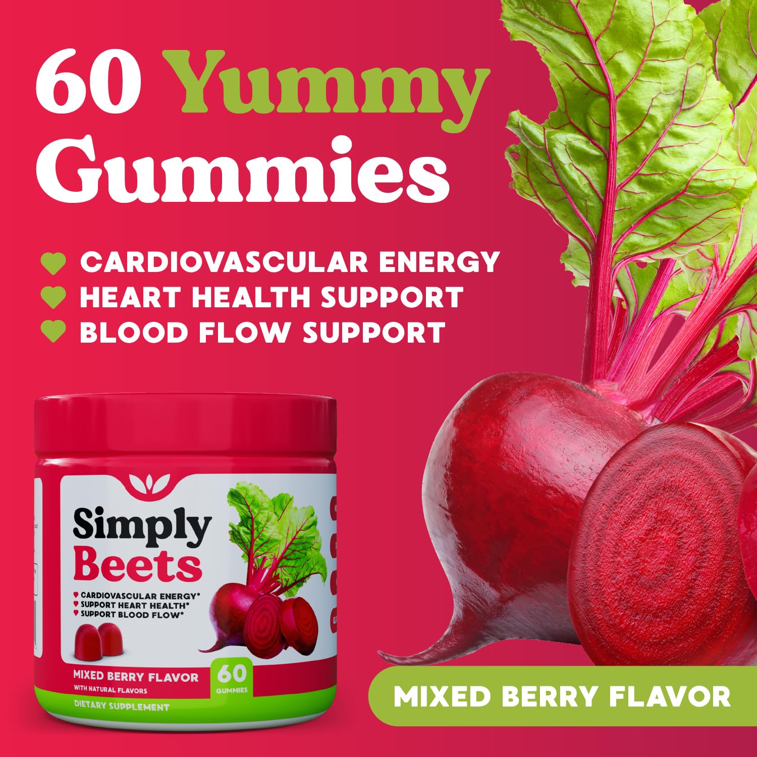 Gomita Simply Beets junto a moneda para escala, beneficio tamaño manejable