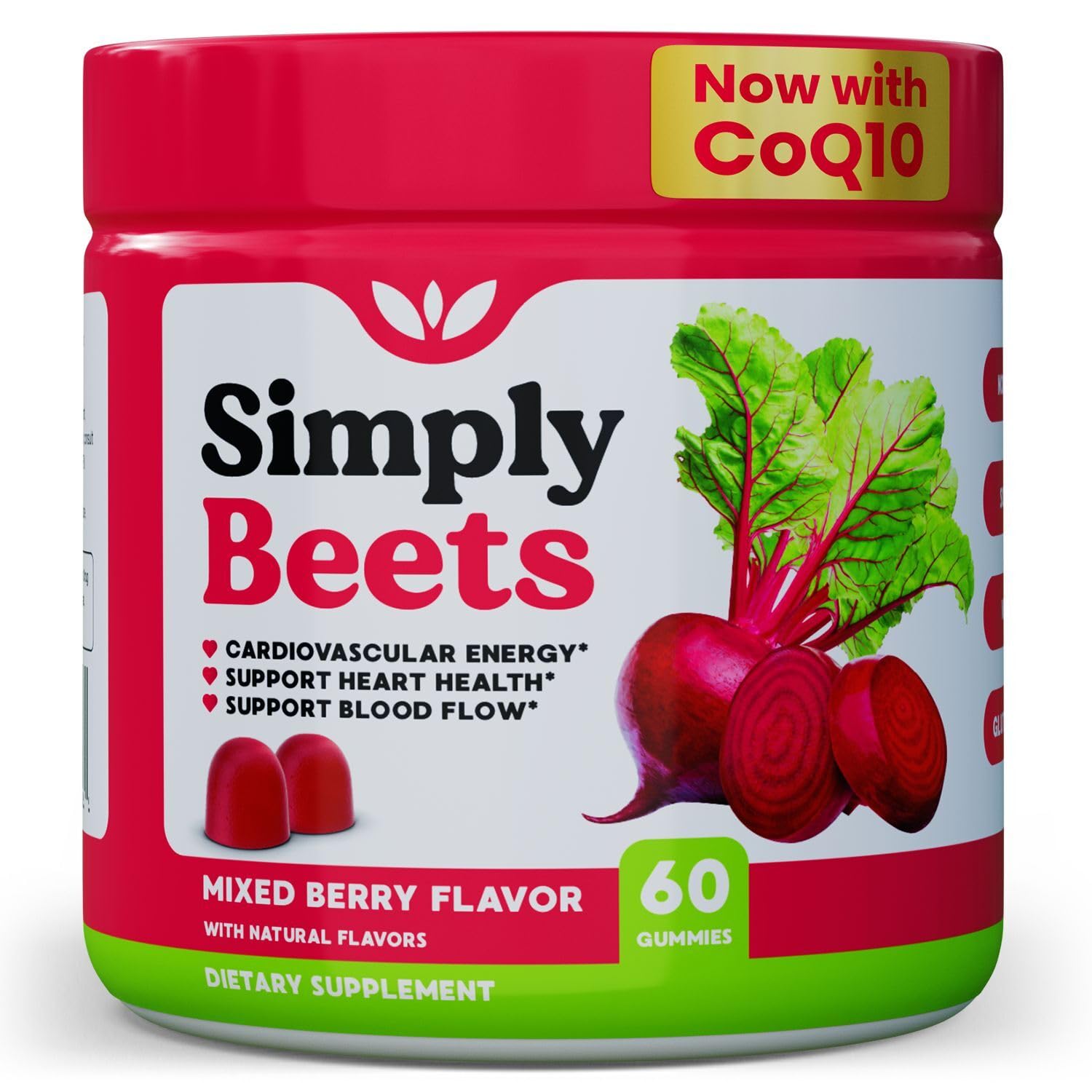 Simply Beets frasco frontal mostrando diseño y porciones, beneficio conveniencia diaria