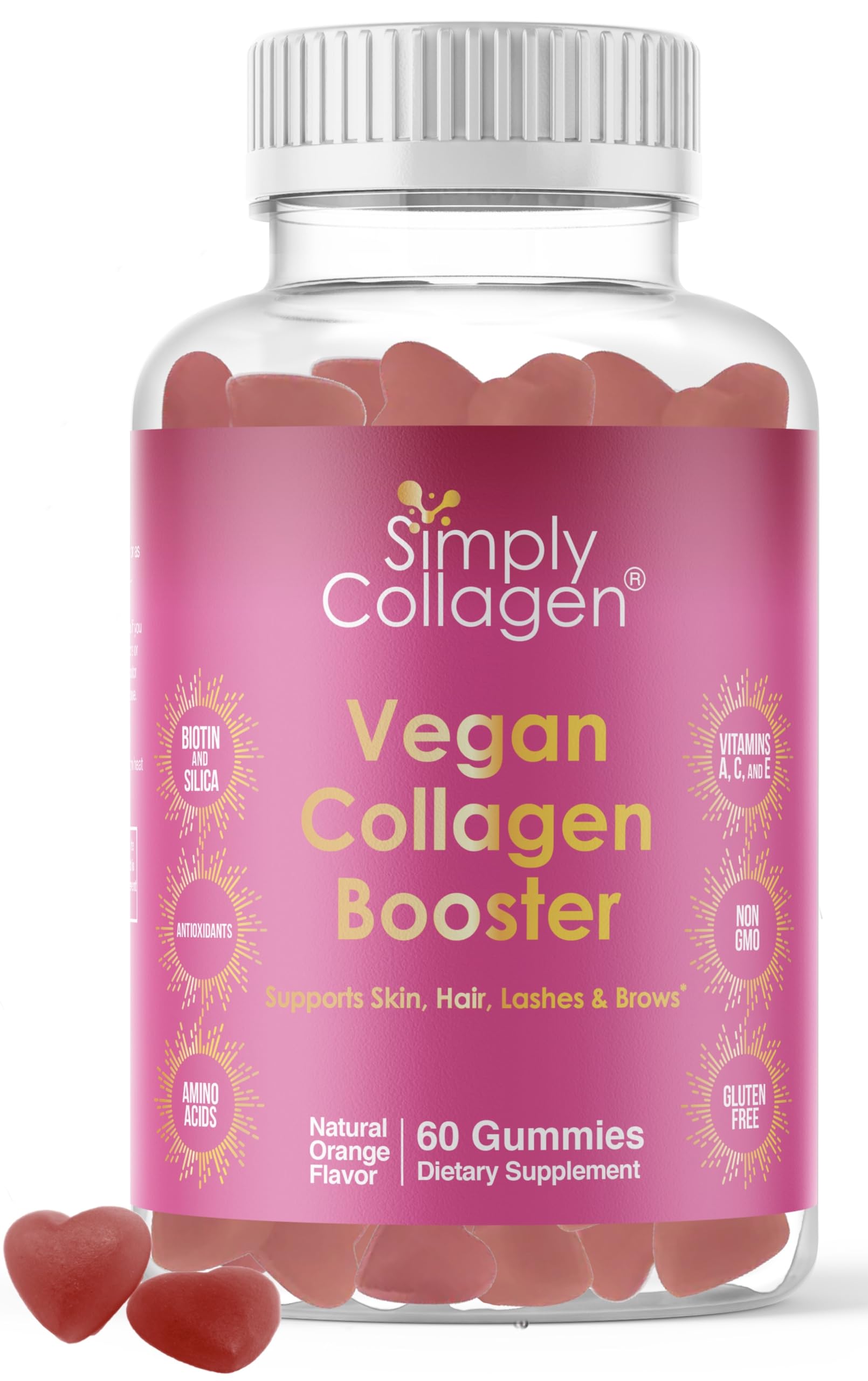 Simply Collagen frasco frontal mostrando gominolas veganas y beneficio nutricional