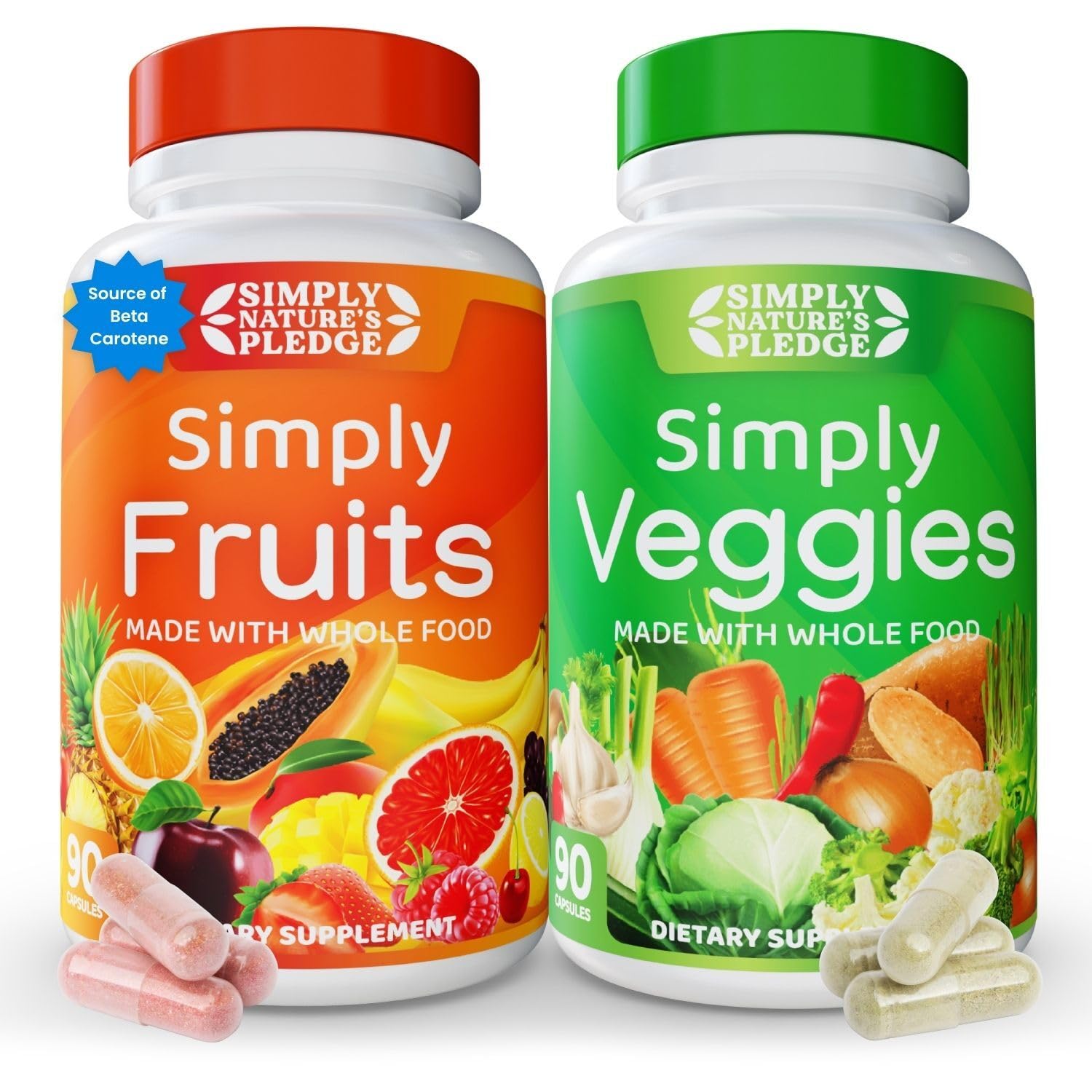 Simply Nature's Pledge envase frontal mostrando variedad de frutas y verduras y conveniencia