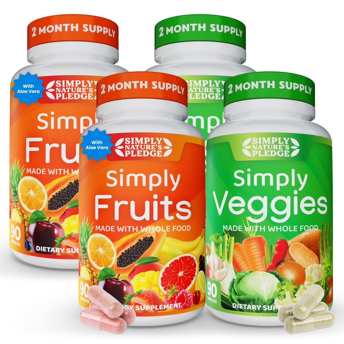 Simply Nature's Pledge envase frontal mostrando 360 cápsulas y ventaja de 42 ingredientes