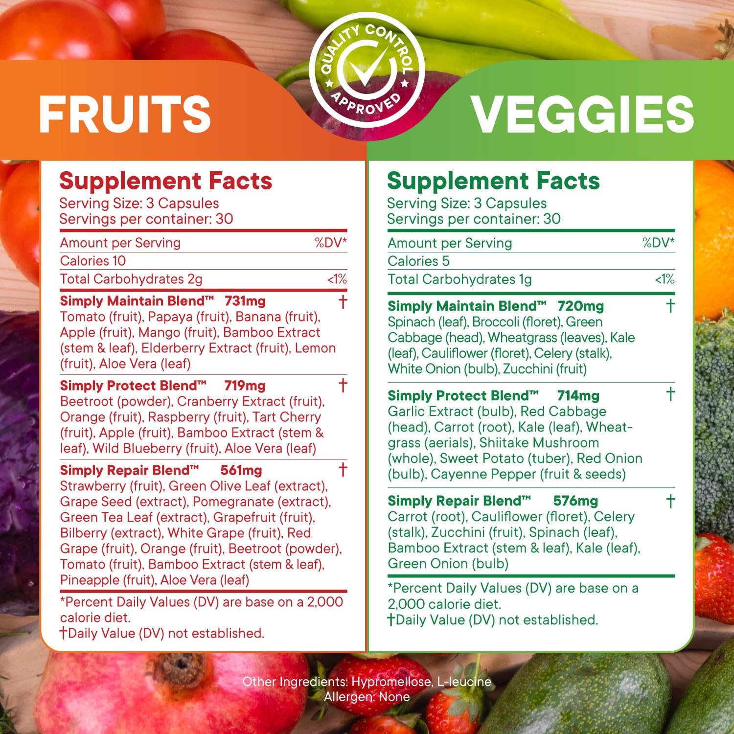 Simply Nature's Pledge bandeja con frutas y verduras reales que muestra variedad del producto