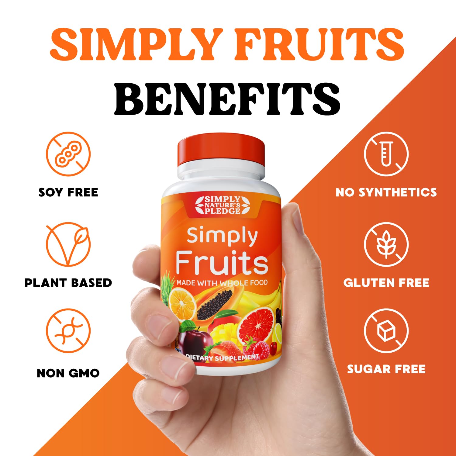 Simply Nature's Pledge ingredientes frescos junto al frasco para mostrar origen vegetal