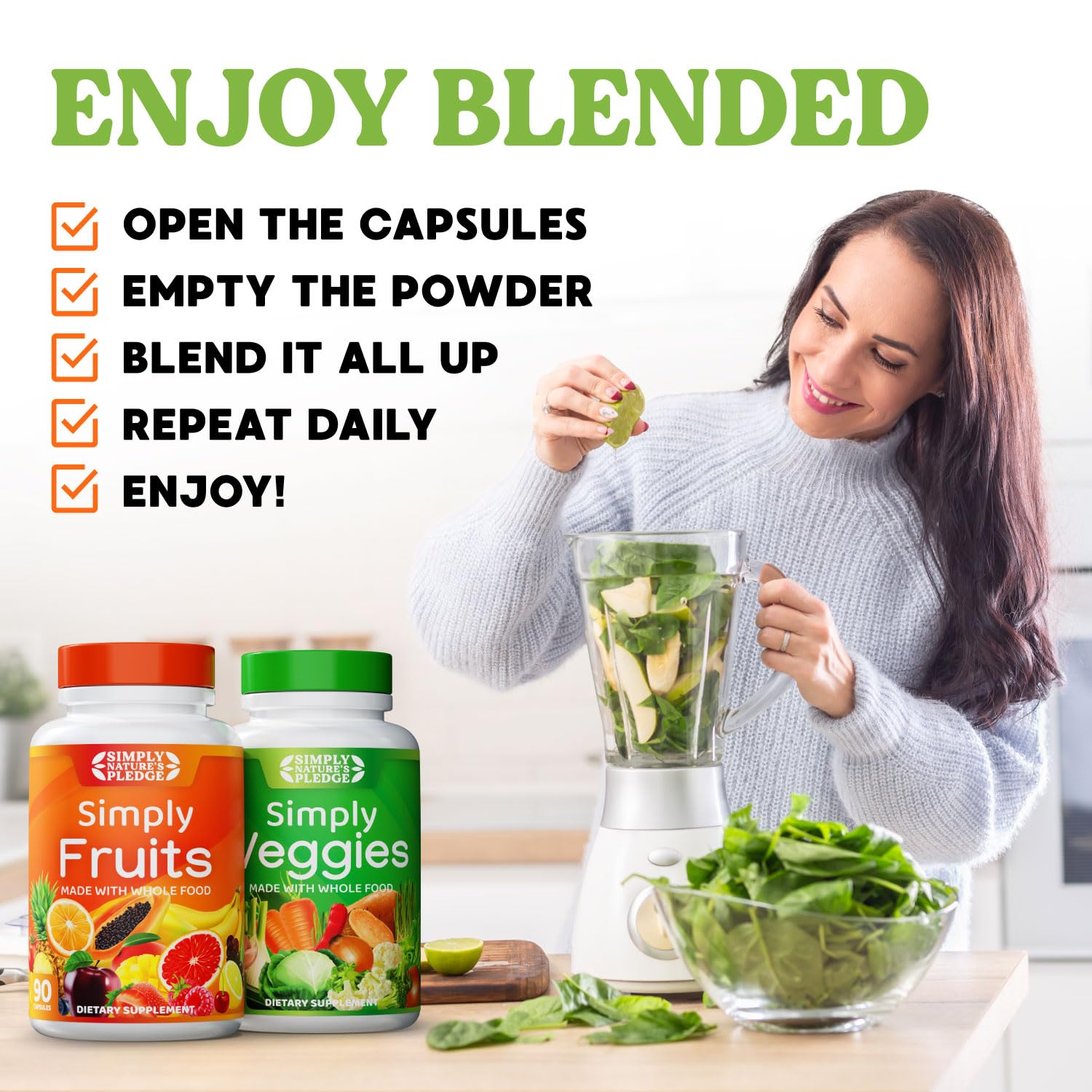 Simply Nature's Pledge montones de frutas frescas que subrayan origen vegetal real
