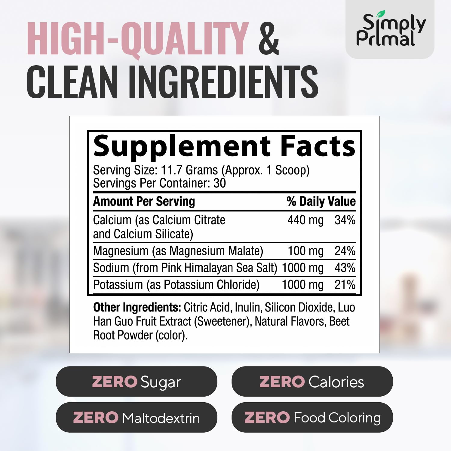 Simply Primal etiqueta nutricional legible que resalta electrolitos clave