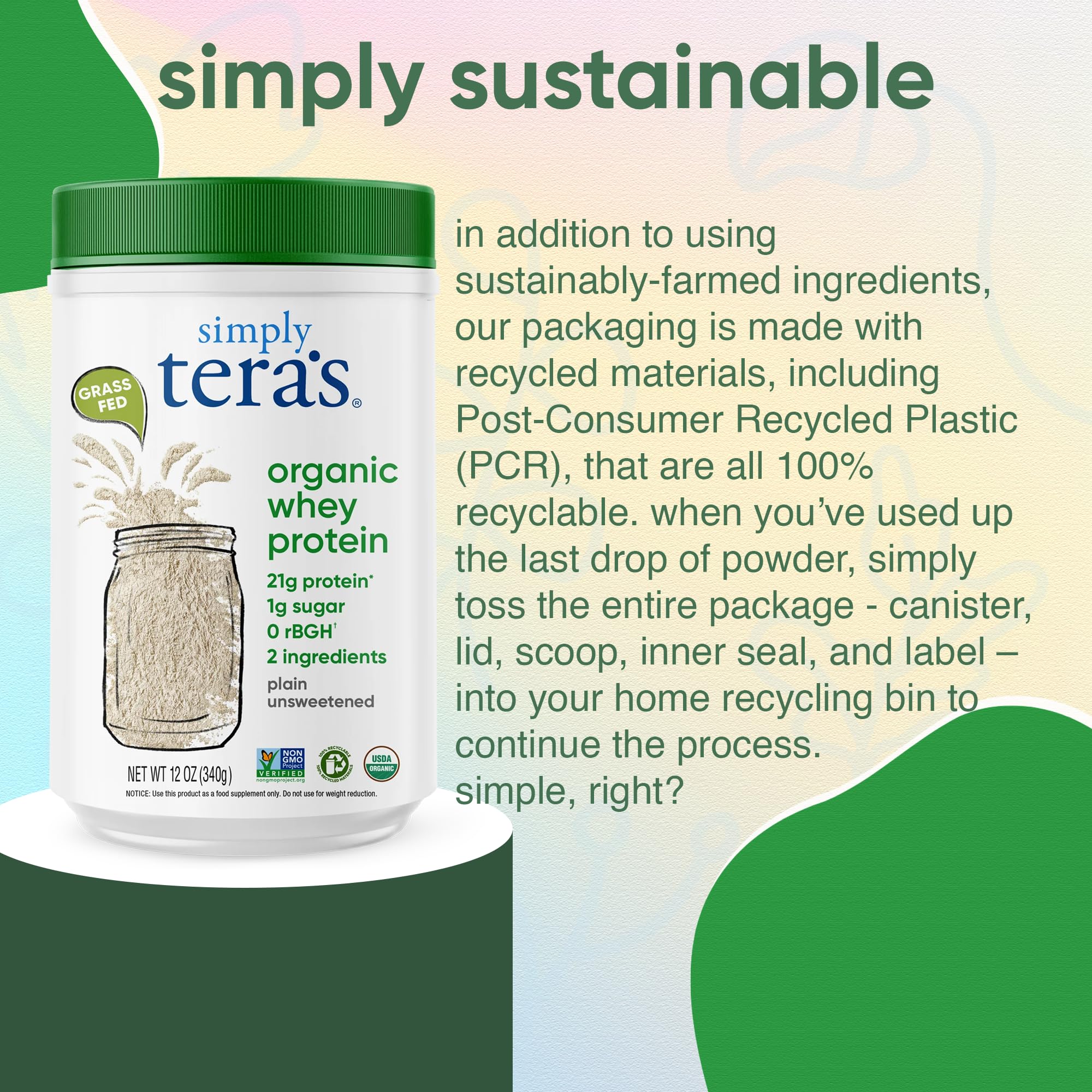 simply tera's envase 12 oz junto a una mano para escala, tamaño conveniente para casa