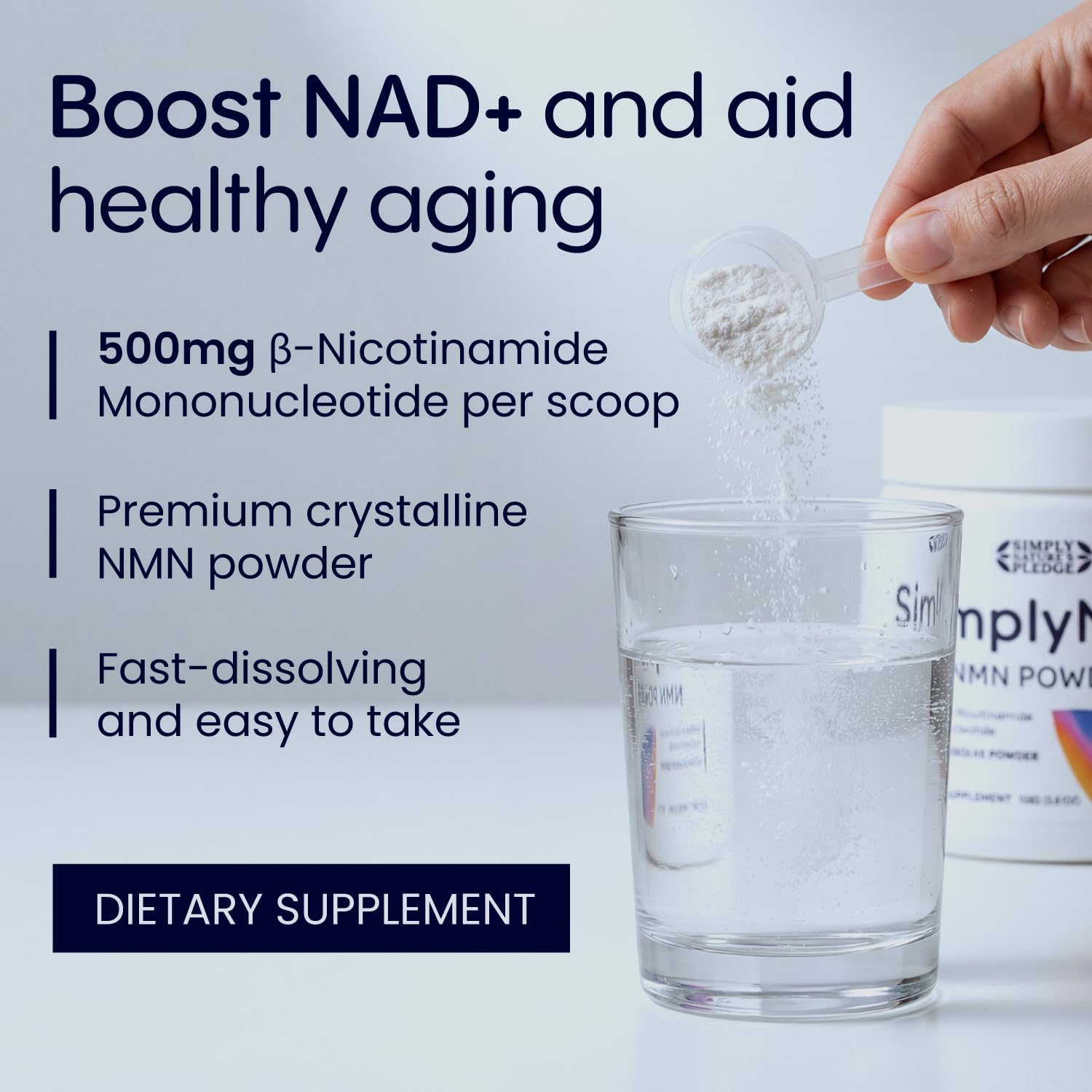 Simply Nature's Pledge scoop midiendo 500 mg por ración, dosificación precisa